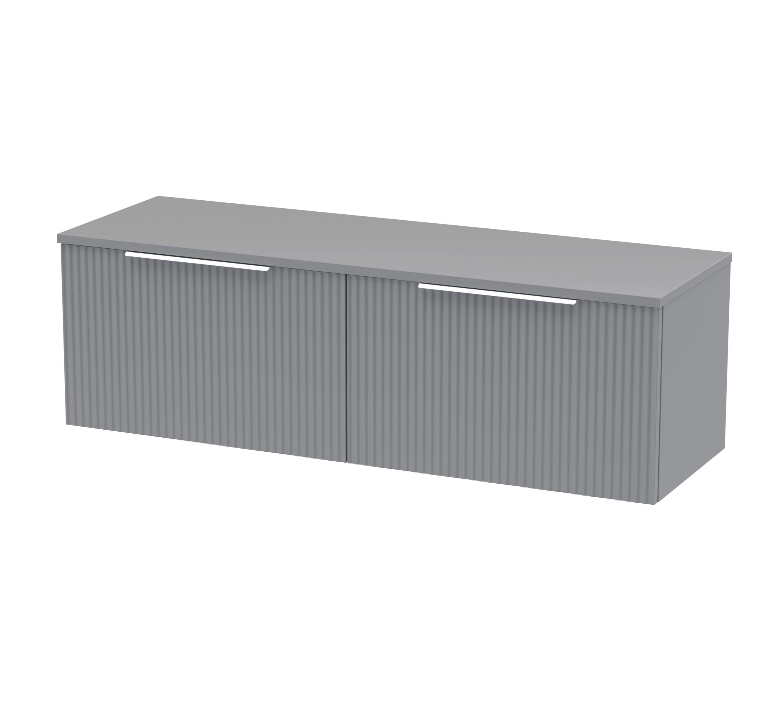 Modern grey bathroom vanity cabinet with vertical ribbed doors and sleek cutout handles, ideal for contemporary bathroom storage solutions.