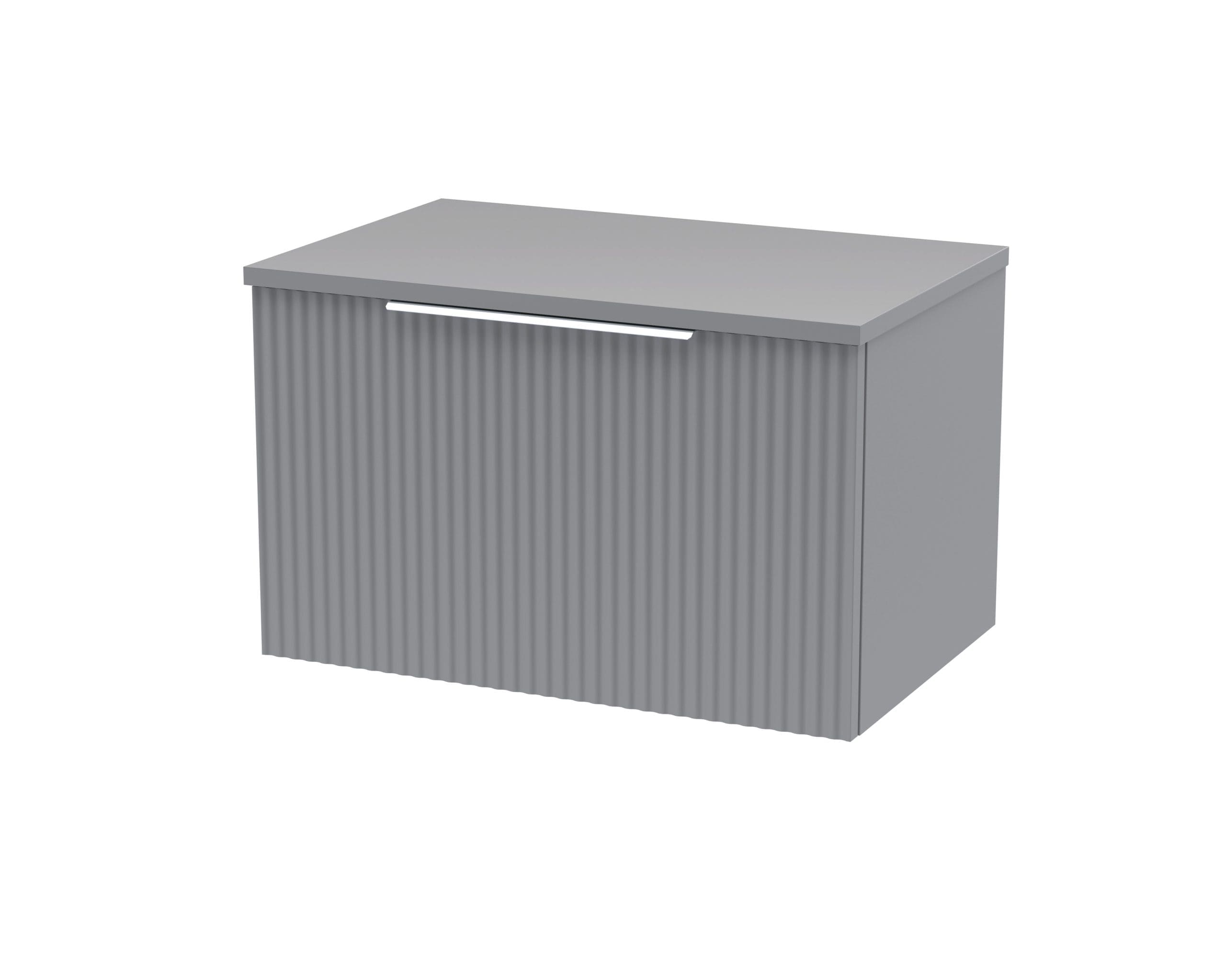 Modern grey bathroom vanity with ribbed front panel, sleek handle, and spacious top surface, ideal for contemporary bathroom storage and design.
