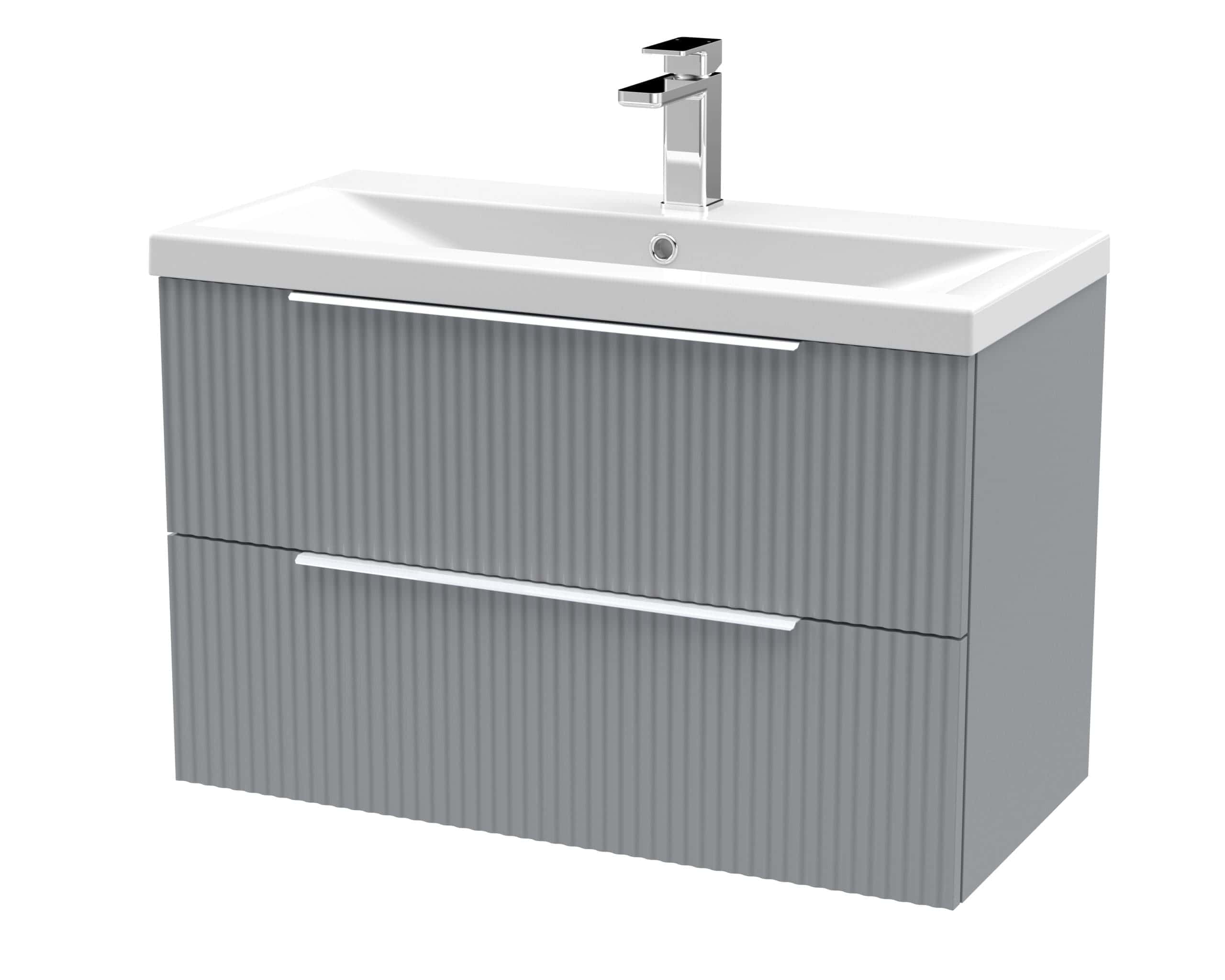 Contemporary bathroom vanity unit with integrated sink and sleek chrome tap, ideal for modern bathroom design, offering storage and style.