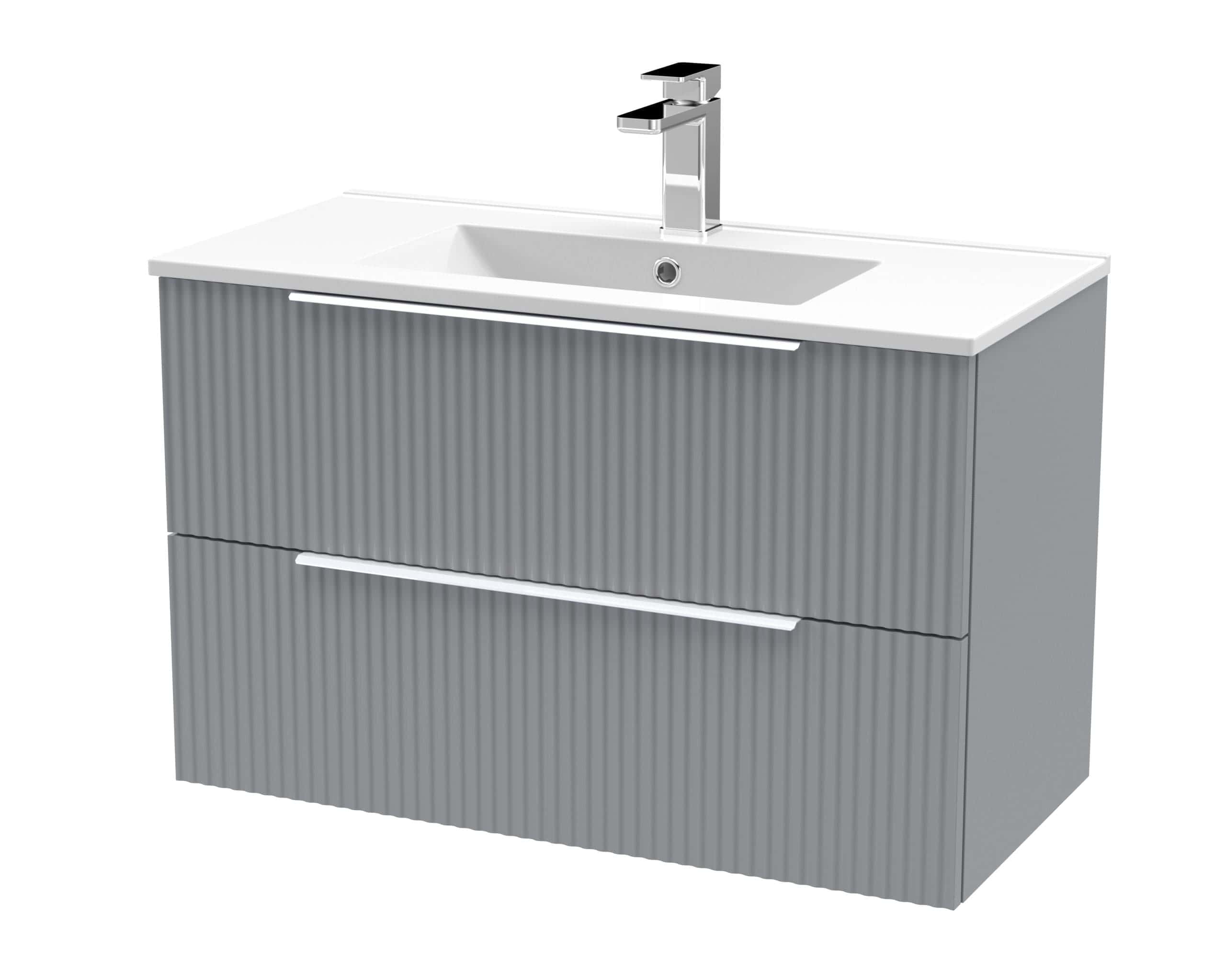 Contemporary grey bathroom vanity unit with integrated sink and modern chrome tap, ideal for stylish bathroom upgrades and storage solutions.