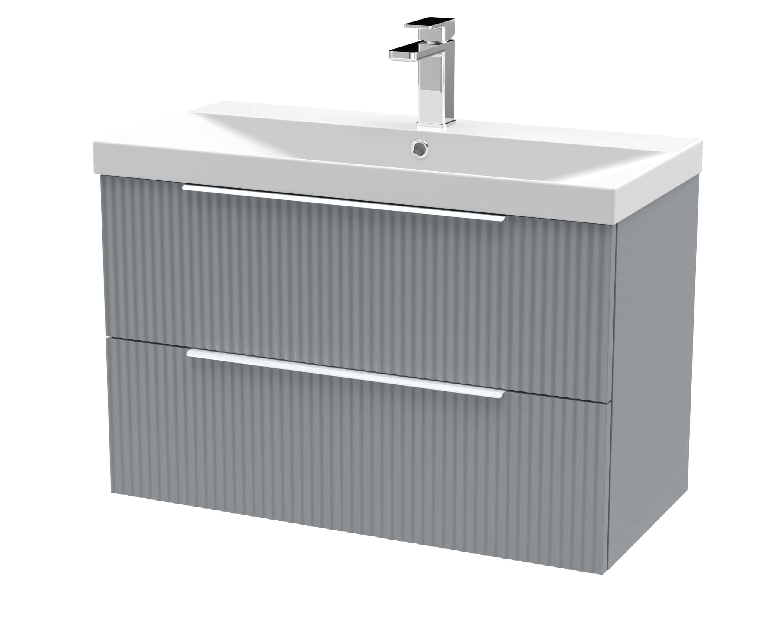 Sleek modern bathroom vanity with integrated sink and stylish ribbed grey cabinet ideal for contemporary bathrooms. Perfect for activation of modern bathroom designs.
