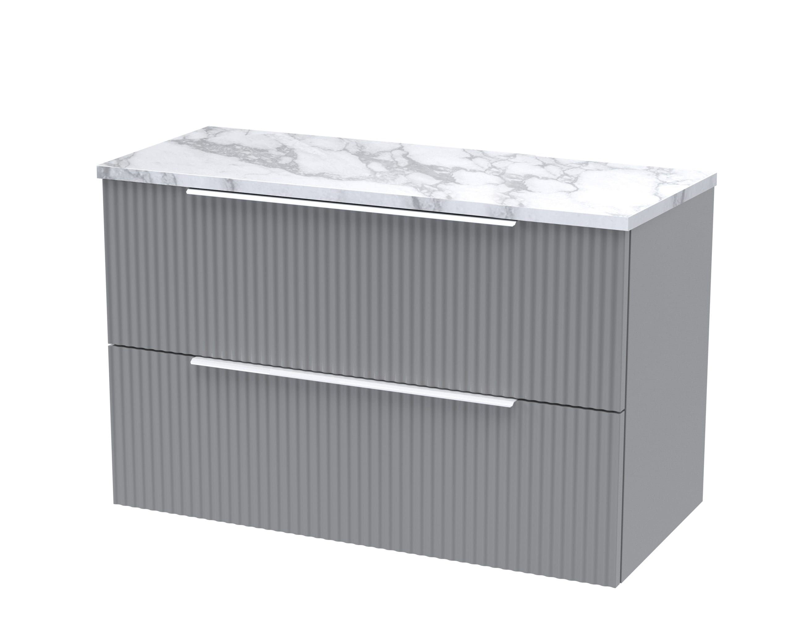 Contemporary grey bathroom vanity unit with ribbed detailing and a marble top, perfect for modern bathroom design and storage solutions.