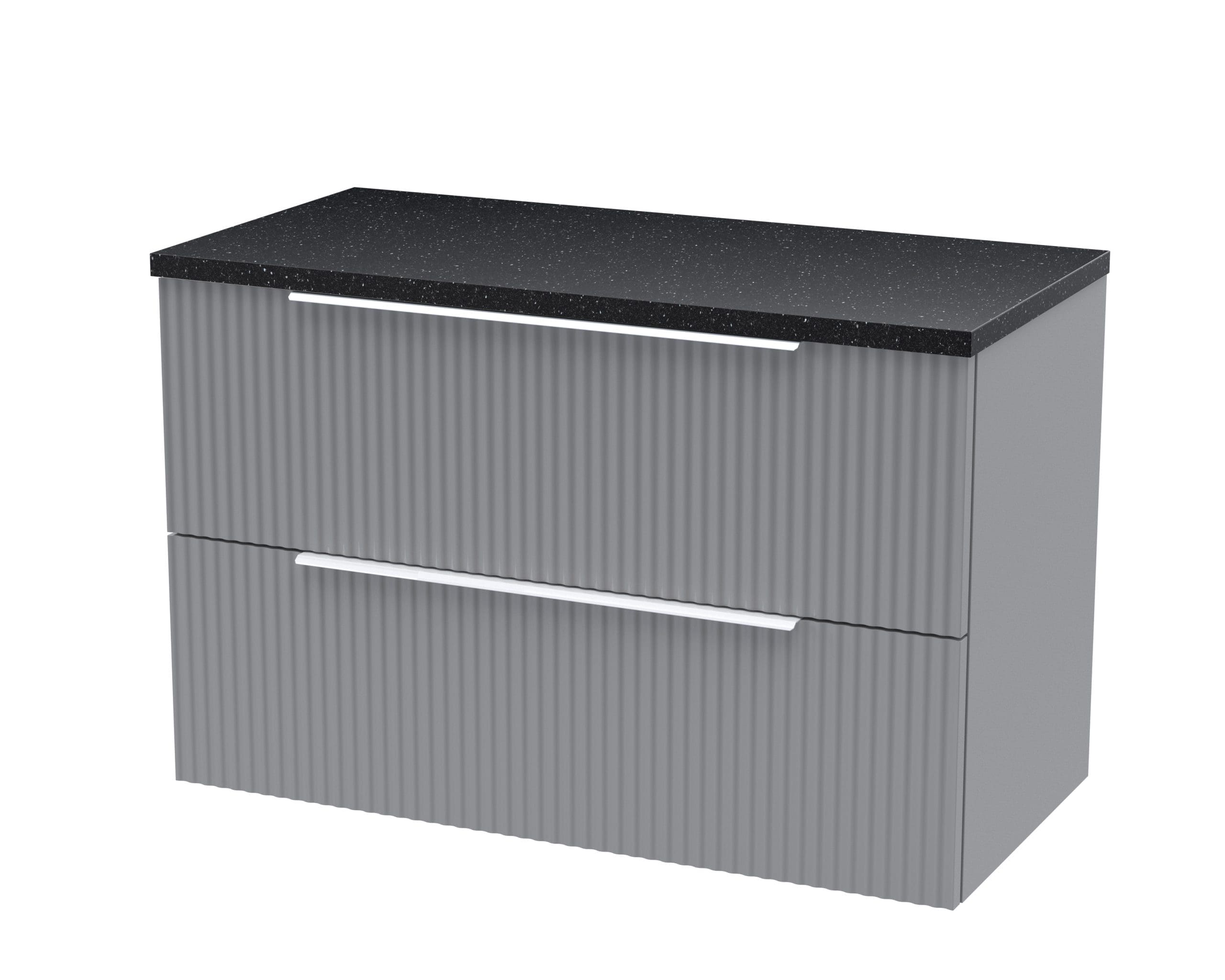 Sleek modern bathroom vanity unit with black granite countertop and ribbed grey cabinet drawers, perfect for contemporary bathrooms.