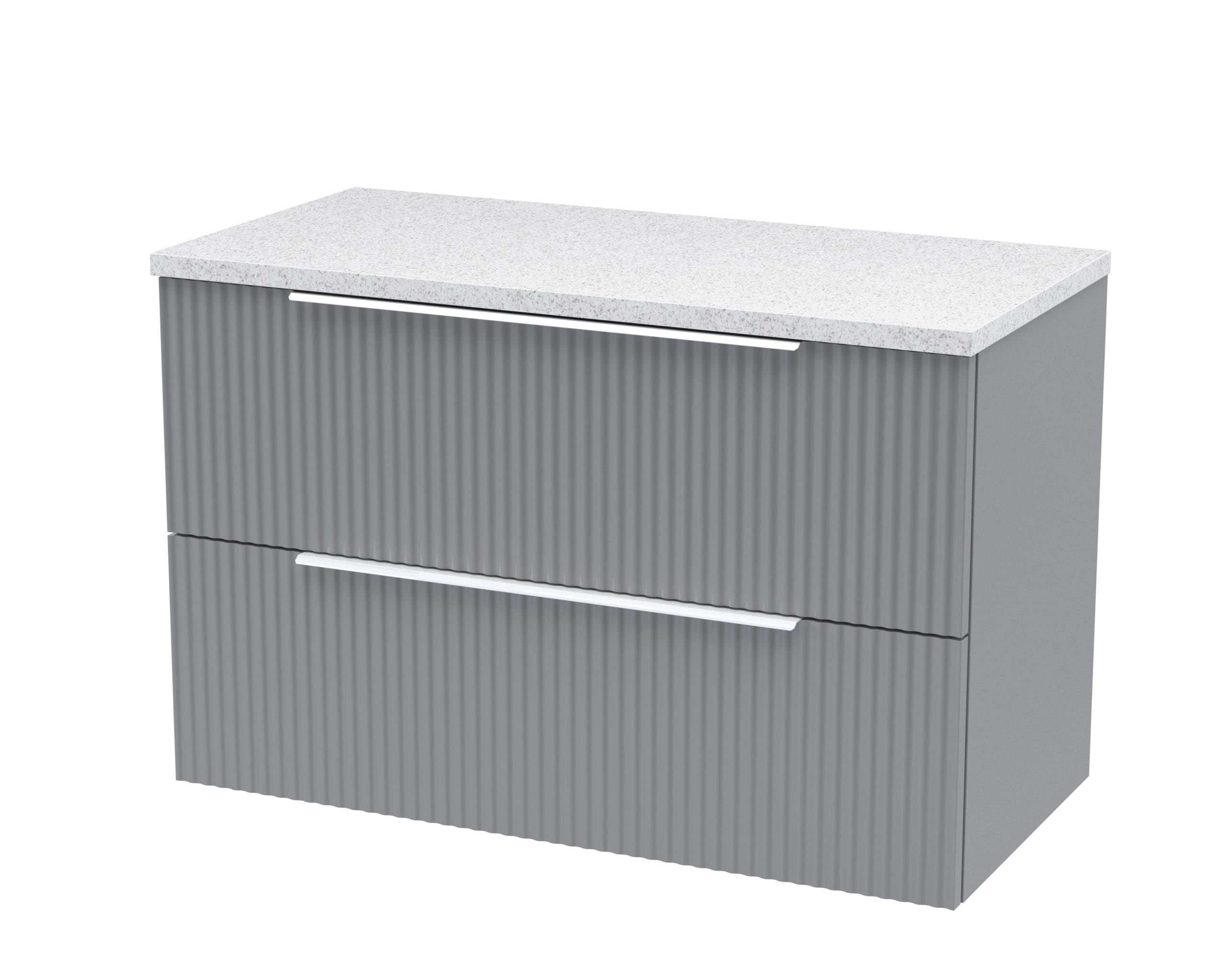 Contemporary grey bathroom vanity unit with ribbed drawer fronts and a sleek white stone countertop, ideal for modern bathroom storage solutions.