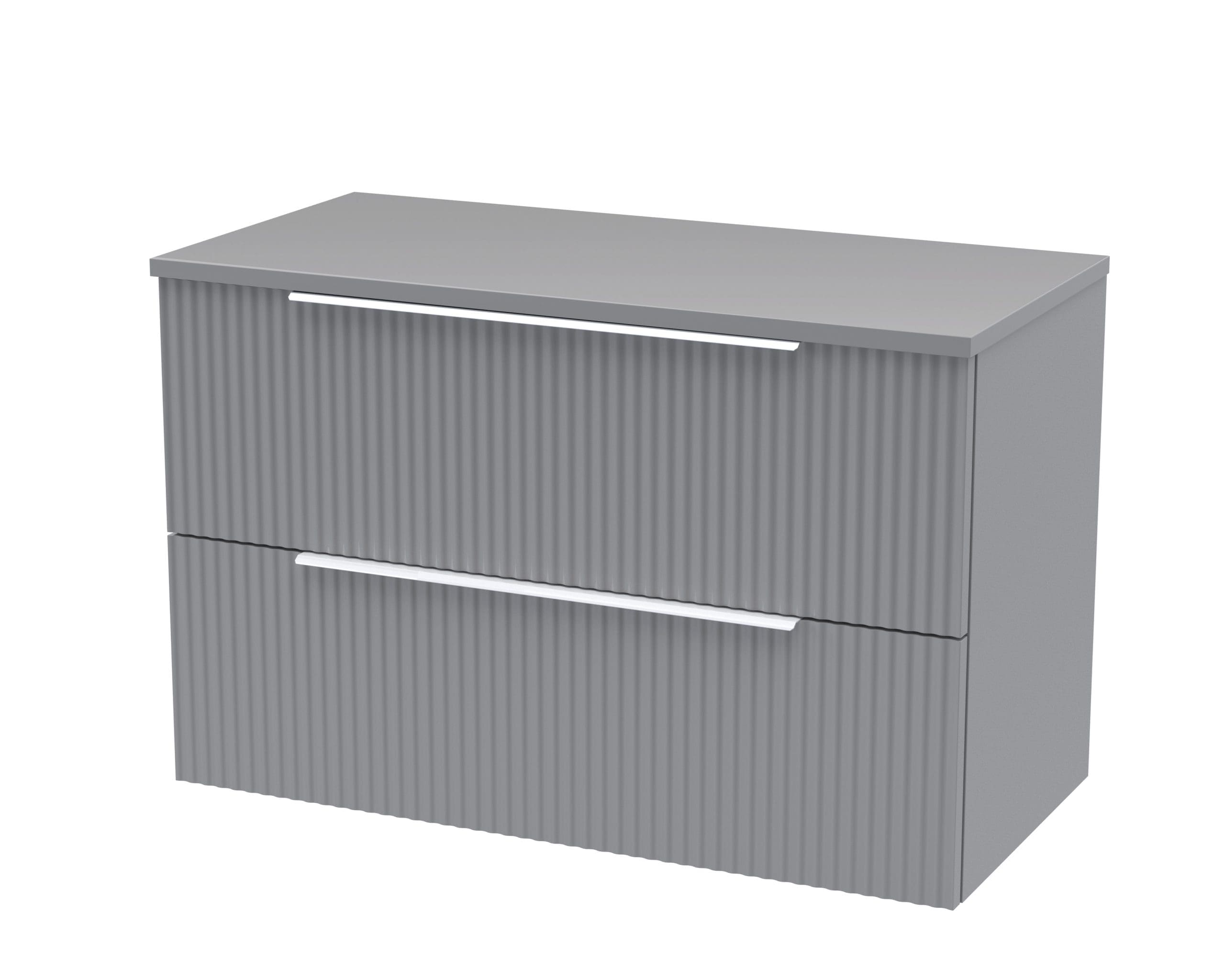 Sleek modern grey bathroom cabinet with ribbed drawer fronts and integrated handles, perfect for contemporary bathroom storage solutions.