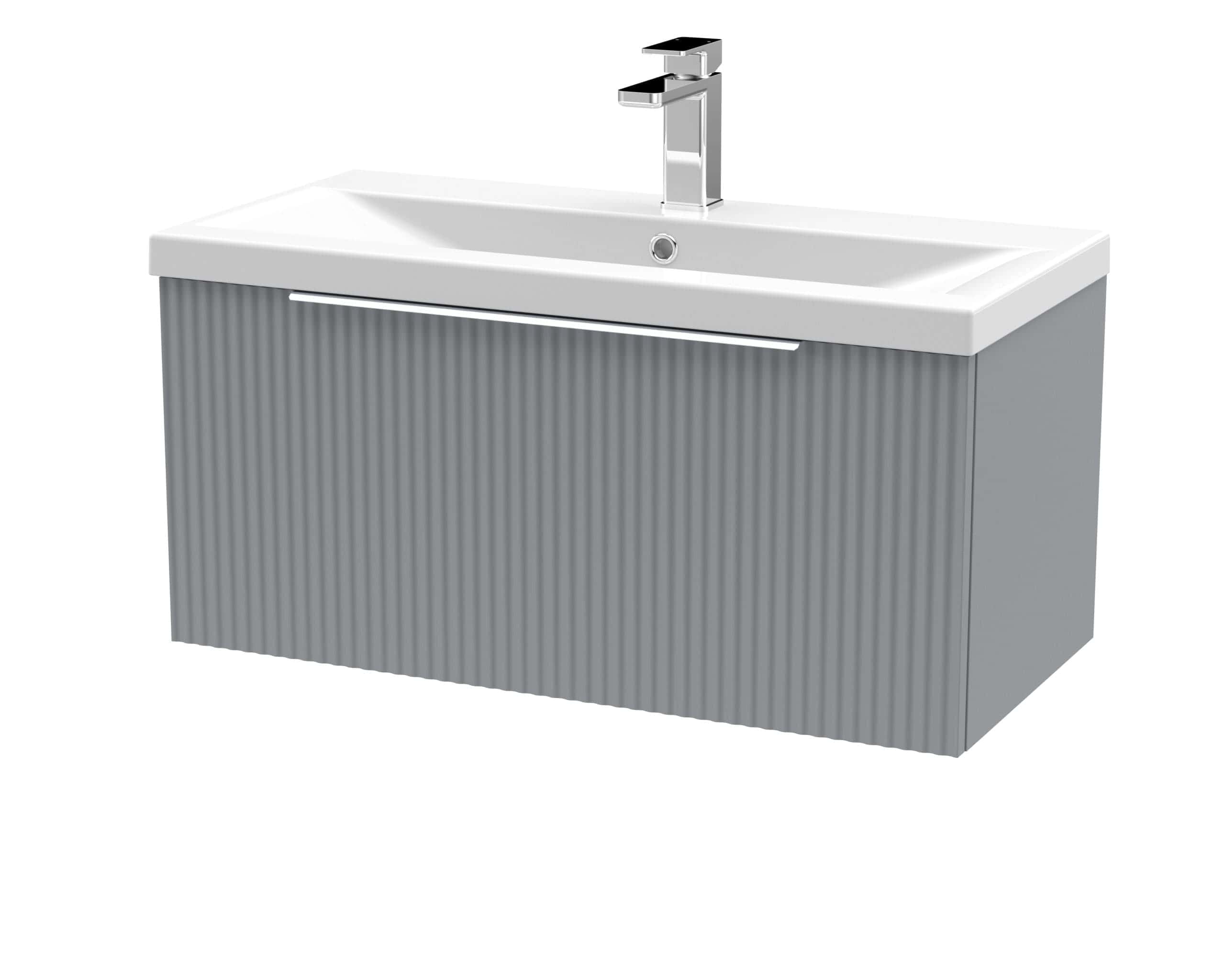 Modern bathroom sink vanity with a sleek grey textured base and a contemporary white ceramic basin with chrome faucet.