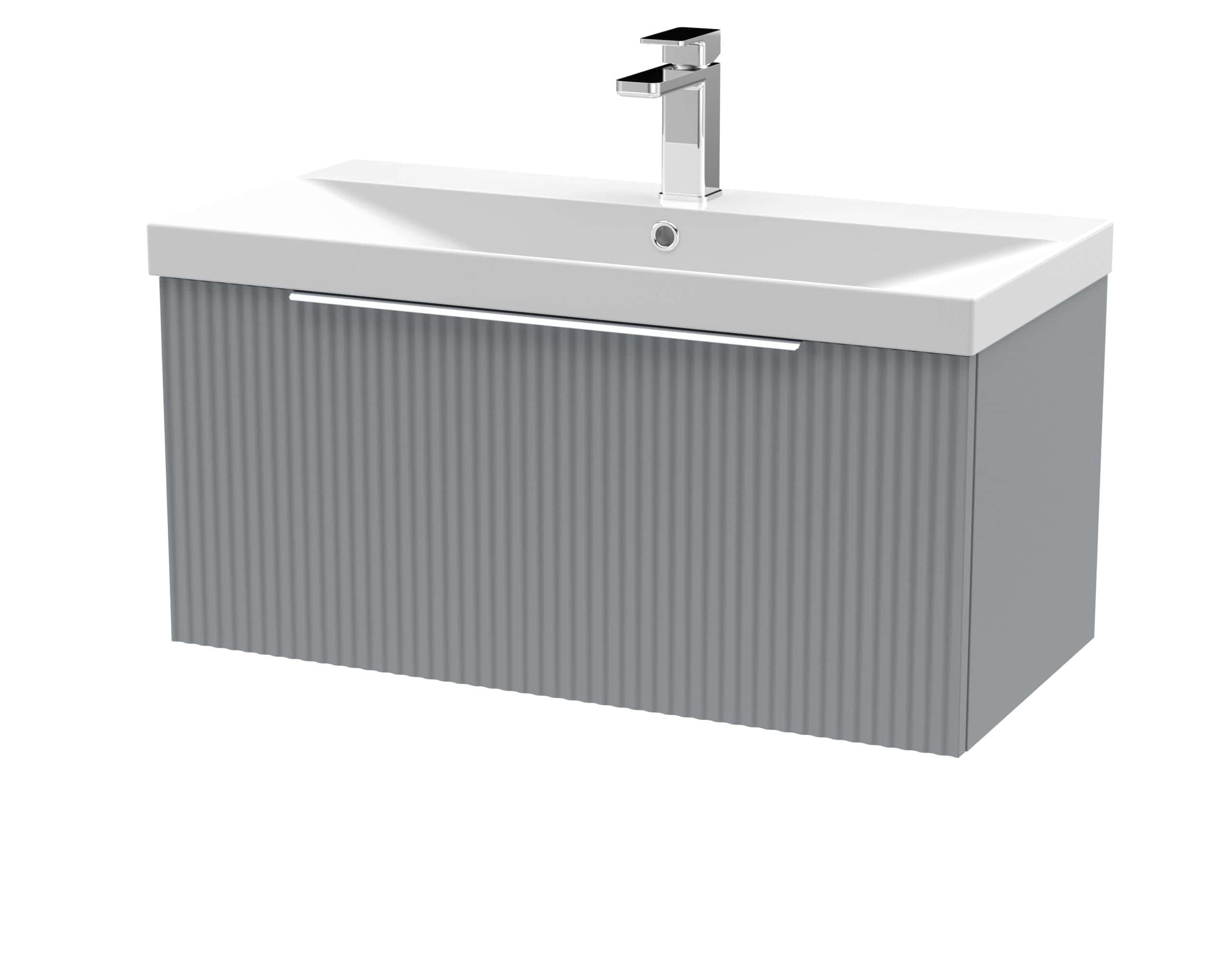 Modern bathroom vanity with integrated sink and sleek chrome faucet, ideal for contemporary bathroom designs. Perfect for stylish bathroom storage and organisation.