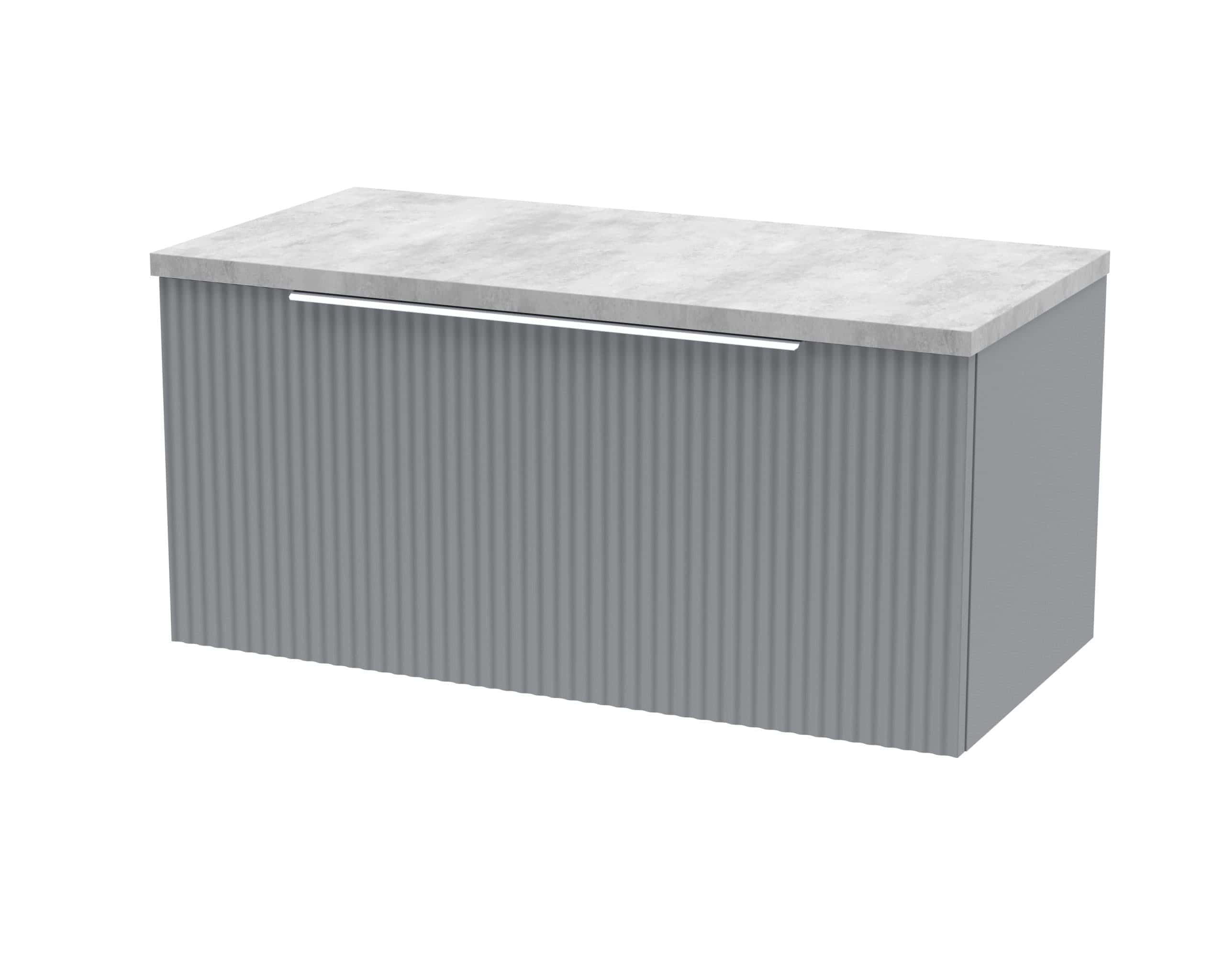 Modern grey bathroom vanity with ribbed front and marble countertop, ideal for contemporary bathroom renovation and stylish bathroom storage solutions.