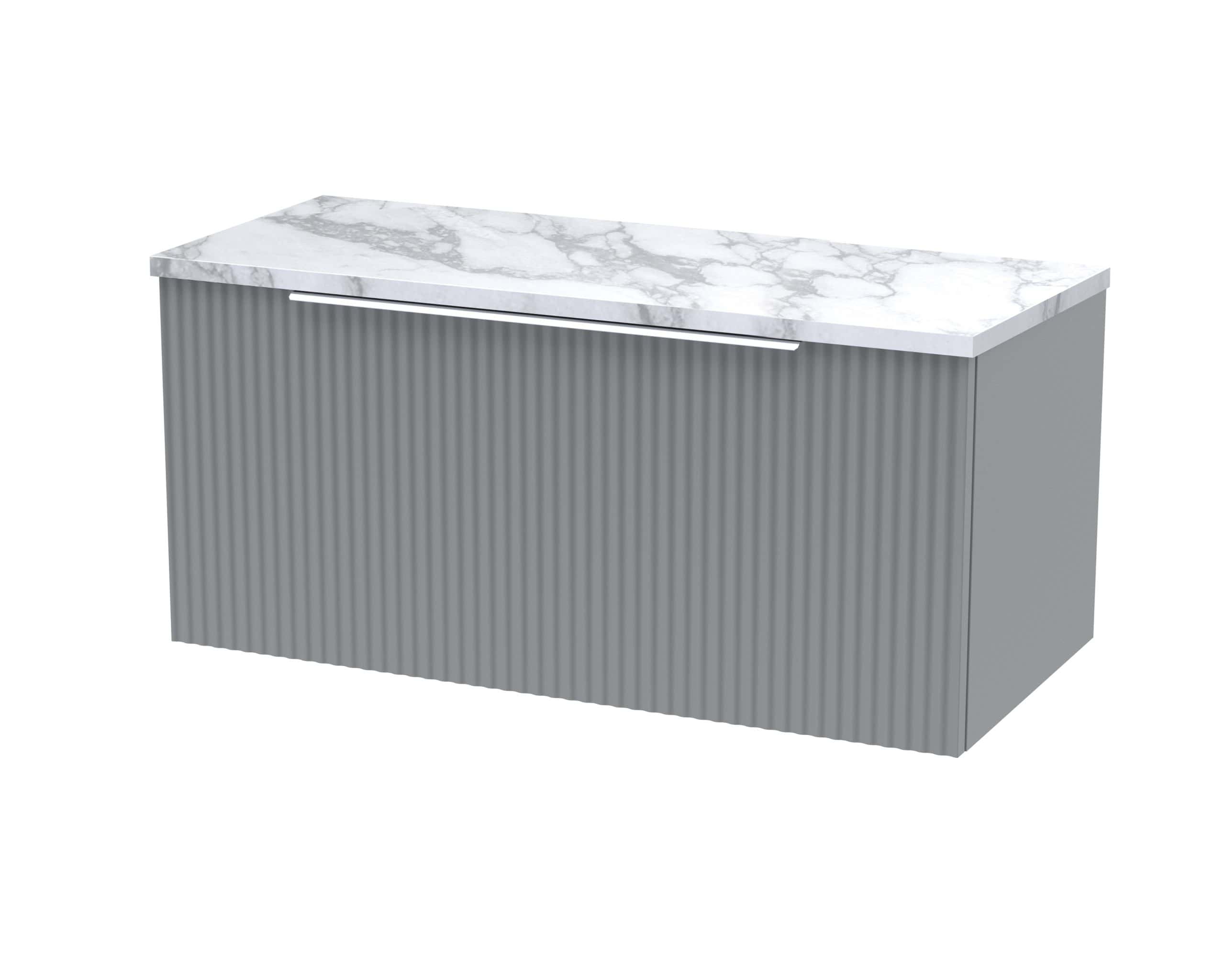 Marble top bathroom cabinet with grey textured finish for modern bathroom storage solutions.
