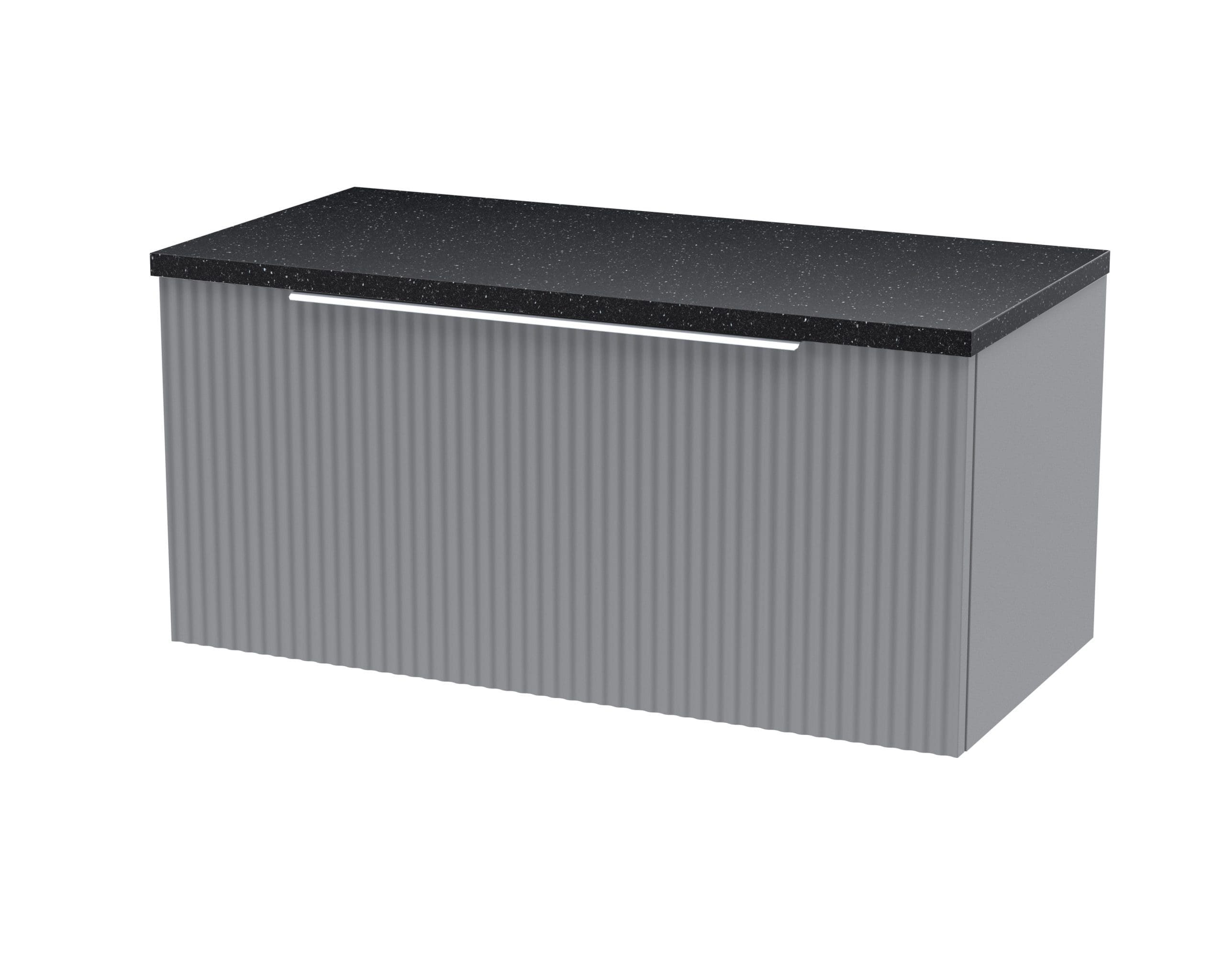 Sleek modern bathroom vanity with a black granite countertop and textured grey cabinetry, perfect for contemporary bathroom interiors.