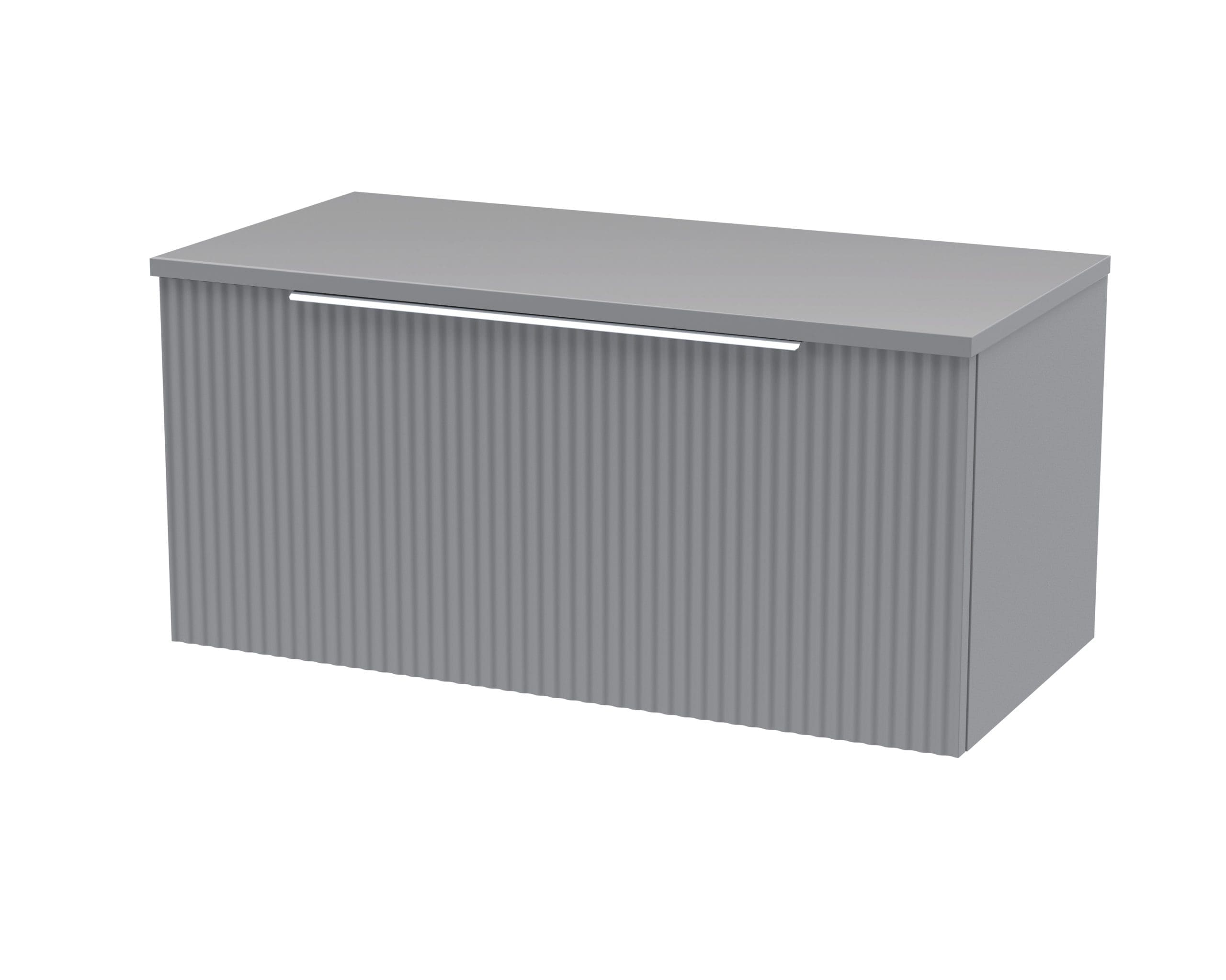 Modern grey bathroom vanity with ribbed front panels and sleek handle, perfect for contemporary bathroom designs. Fits seamlessly into stylish and functional bathroom spaces.
