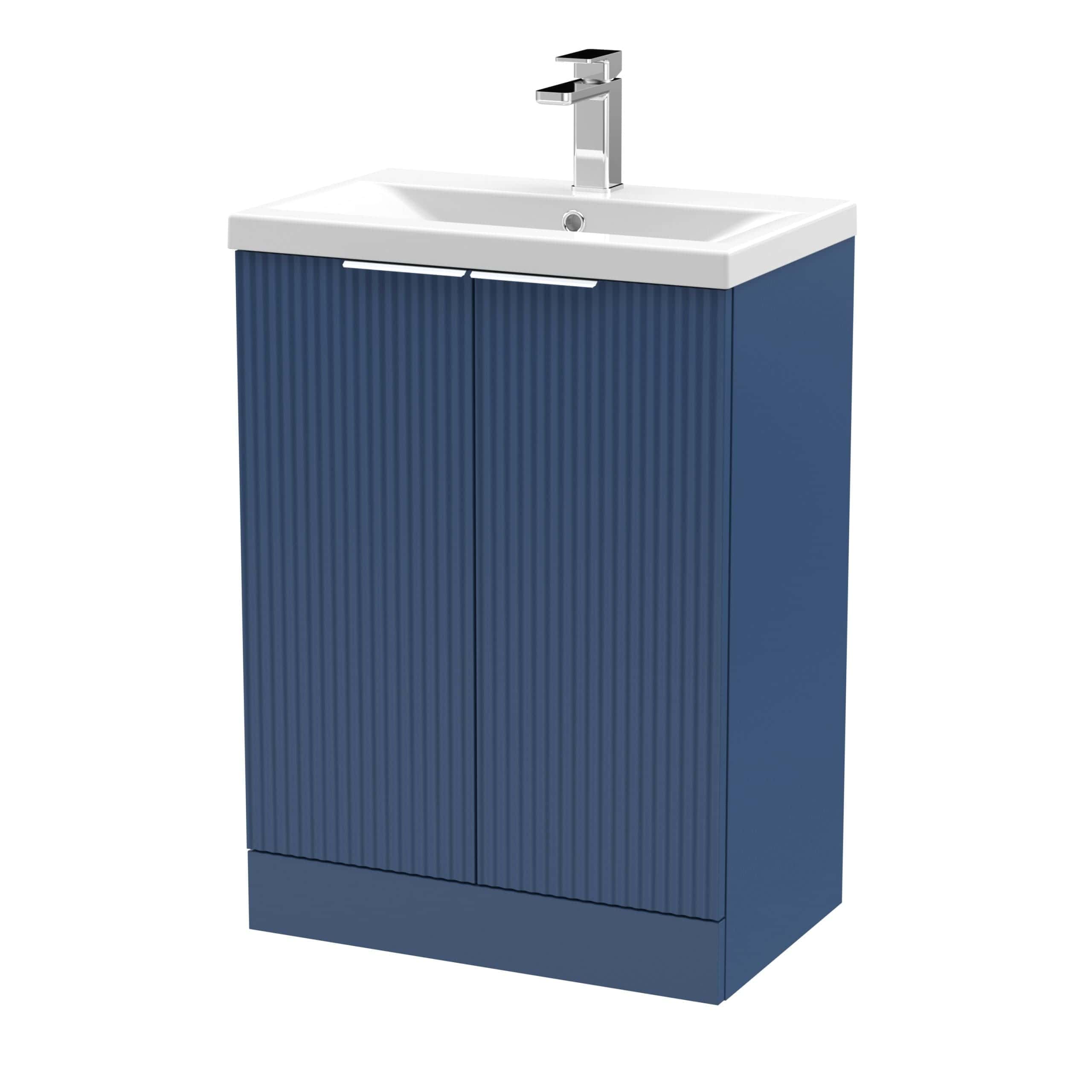Sleek blue bathroom vanity with integrated sink and modern chrome tap for contemporary bathroom decor. Ideal for stylish bathroom storage and water efficiency. Perfect for modern bathroom renovations.