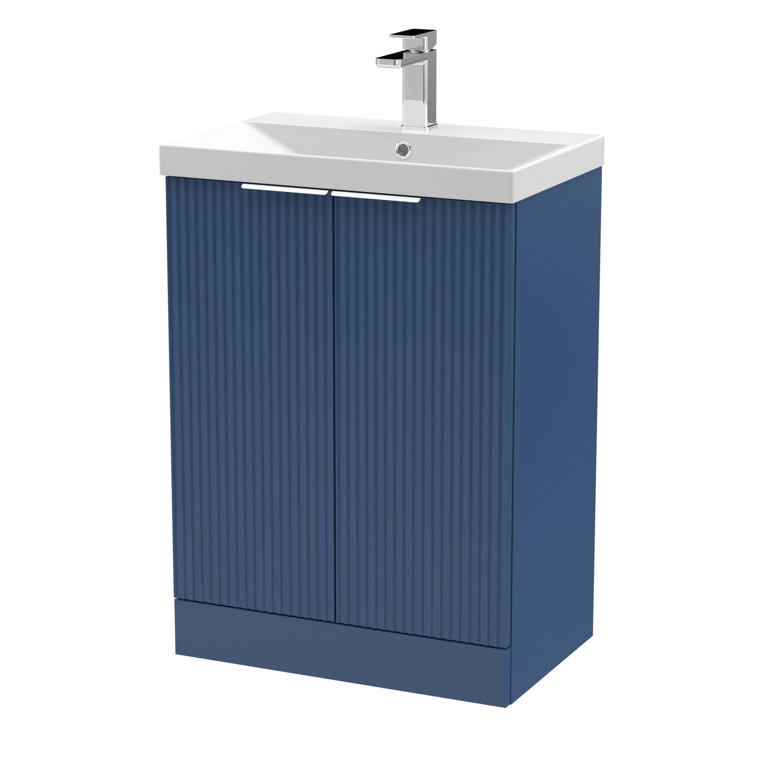 Sleek blue bathroom vanity with a modern white ceramic sink and chrome faucet, perfect for contemporary bathrooms and small spaces.