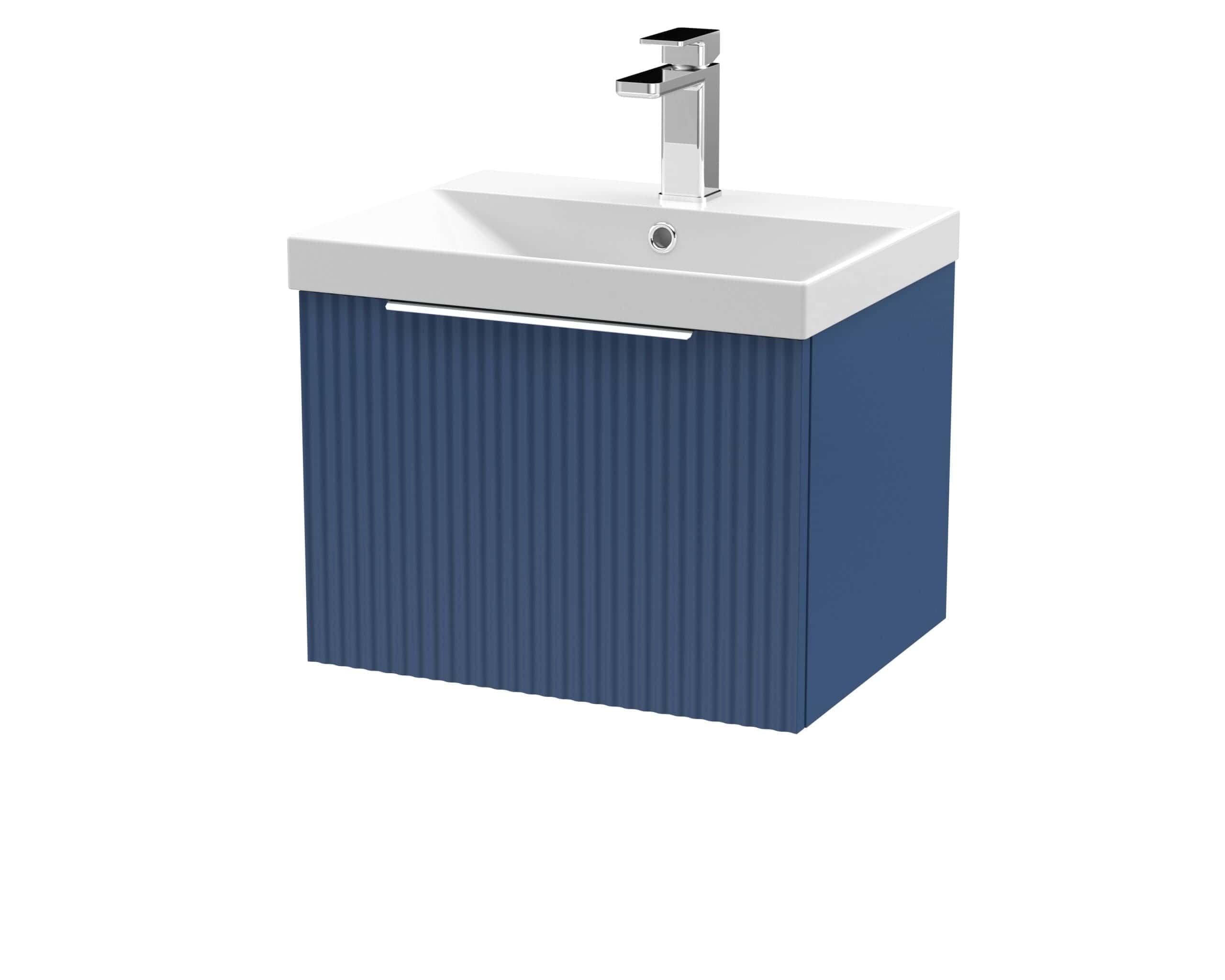 Sleek blue bathroom vanity with integrated sink and modern chrome tap, perfect for contemporary bathrooms and stylish bathroom furniture.