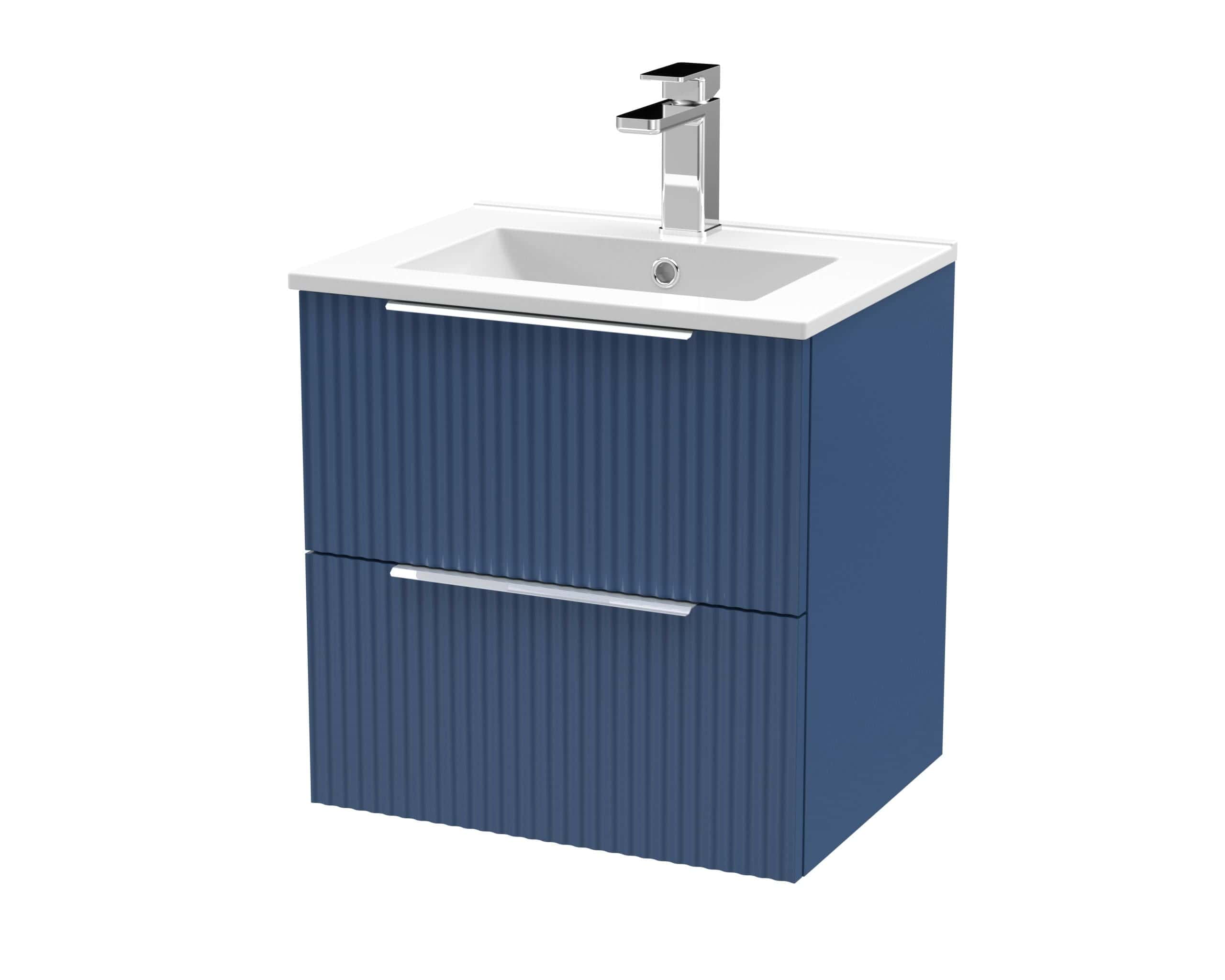 Modern blue bathroom vanity unit with integrated sink and chrome tap for stylish bathroom storage solutions.