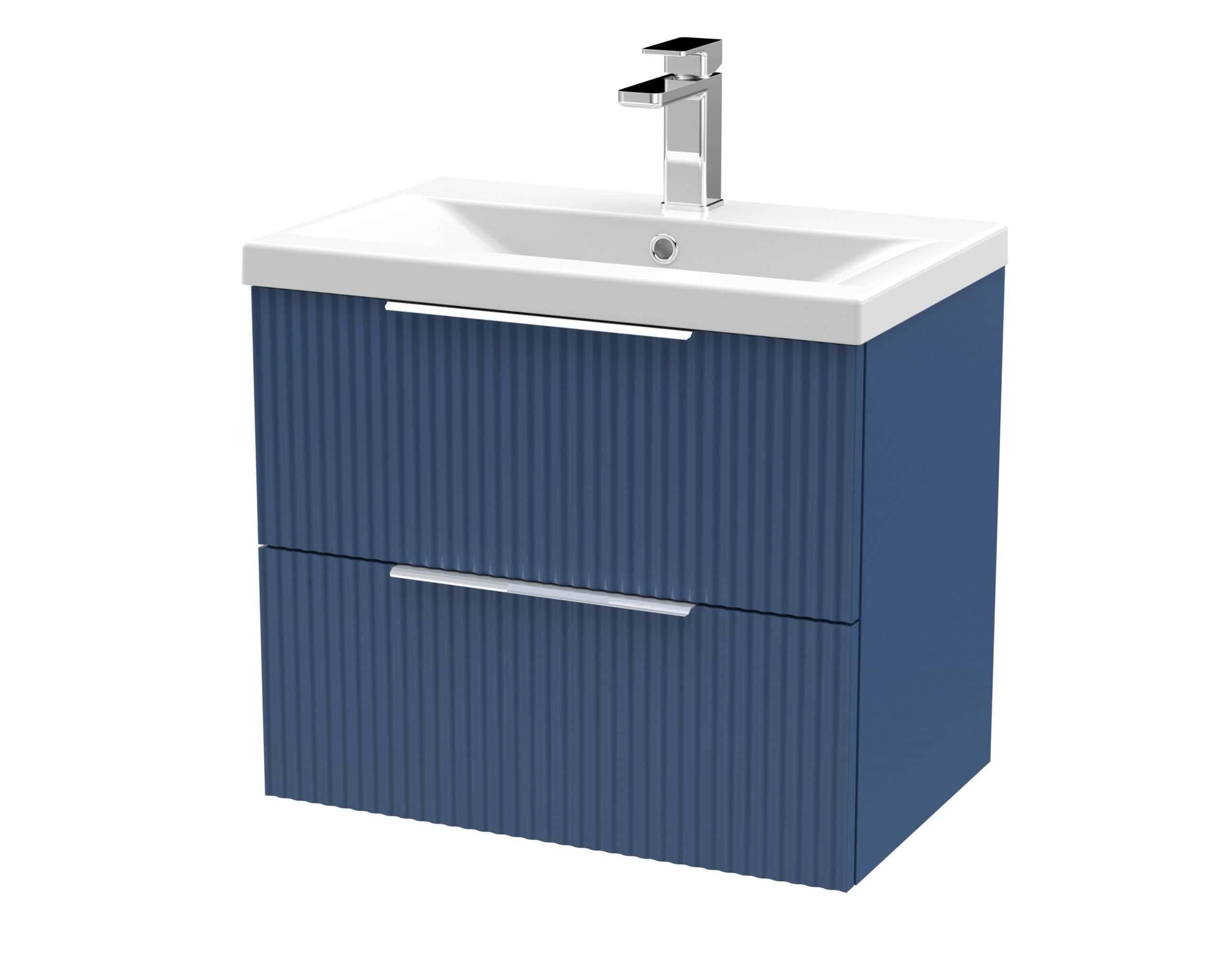 Sleek blue bathroom vanity with integrated sink and modern chrome tap, ideal for contemporary bathroom designs.