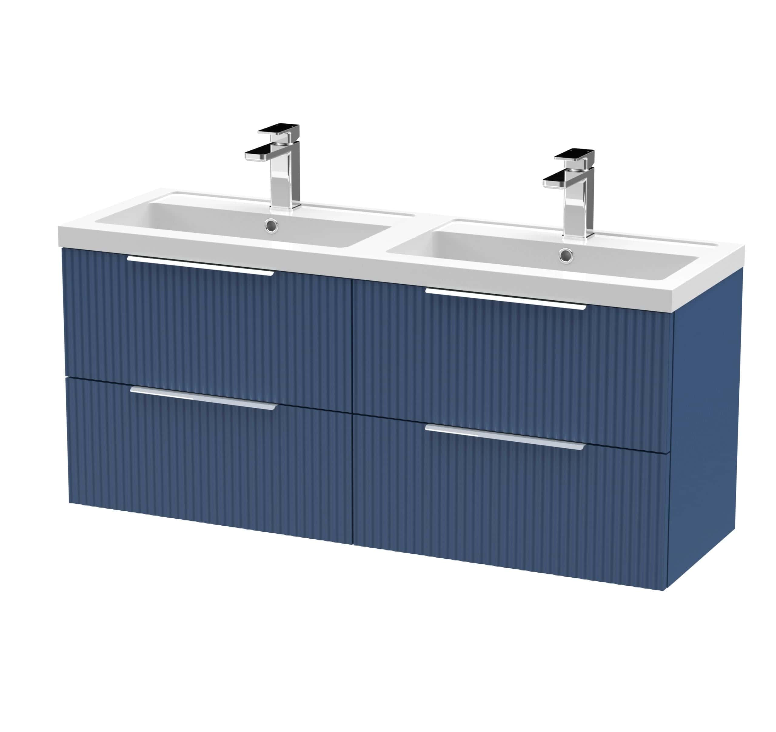 Contemporary double bathroom vanity unit with integrated sinks and chrome taps, finished in stylish blue cabinetry, perfect for modern bathroom interior design.