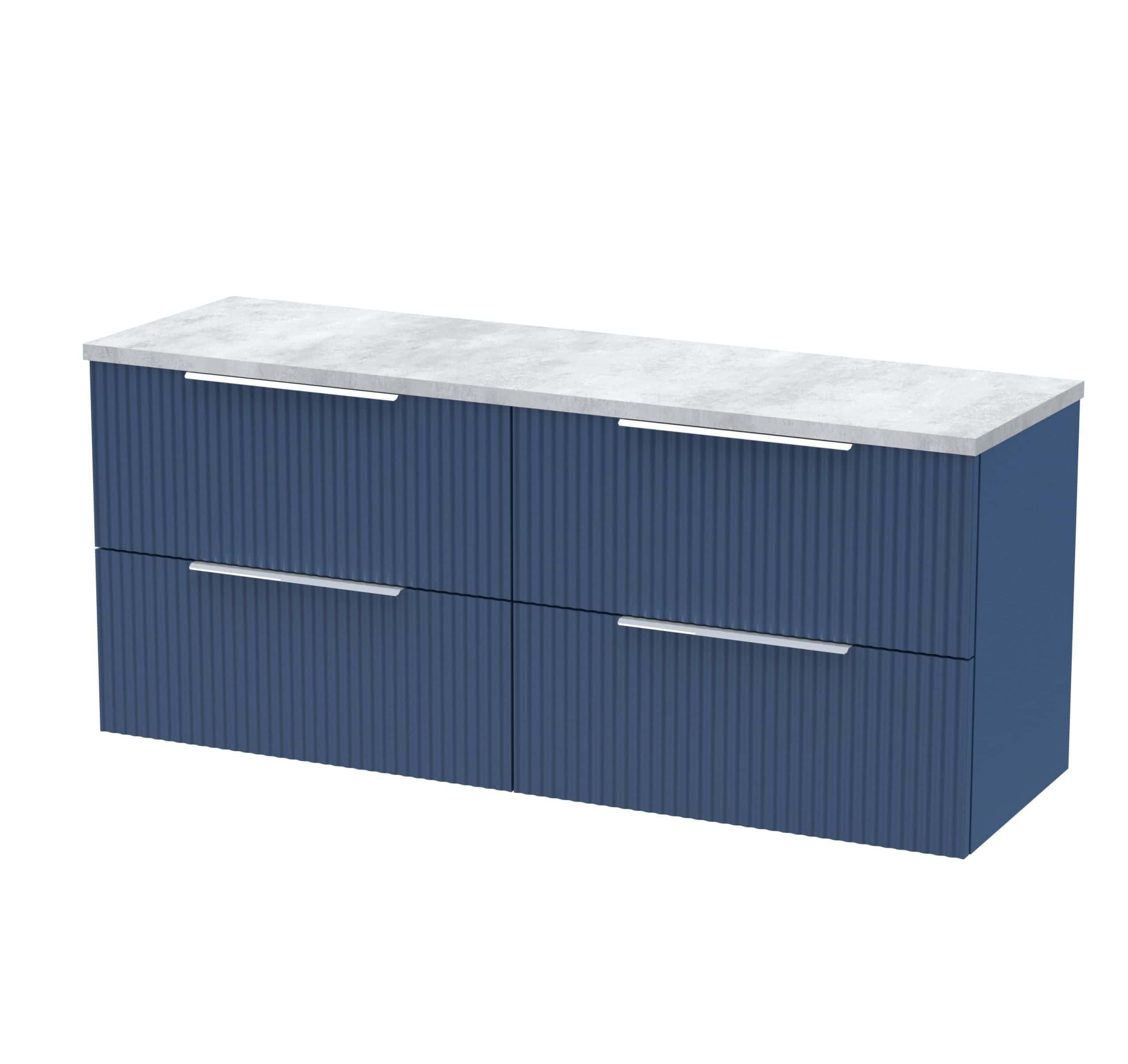 Sleek blue bathroom vanity with a marble countertop, modern handle design, ideal for contemporary bathrooms, providing stylish storage solutions.
