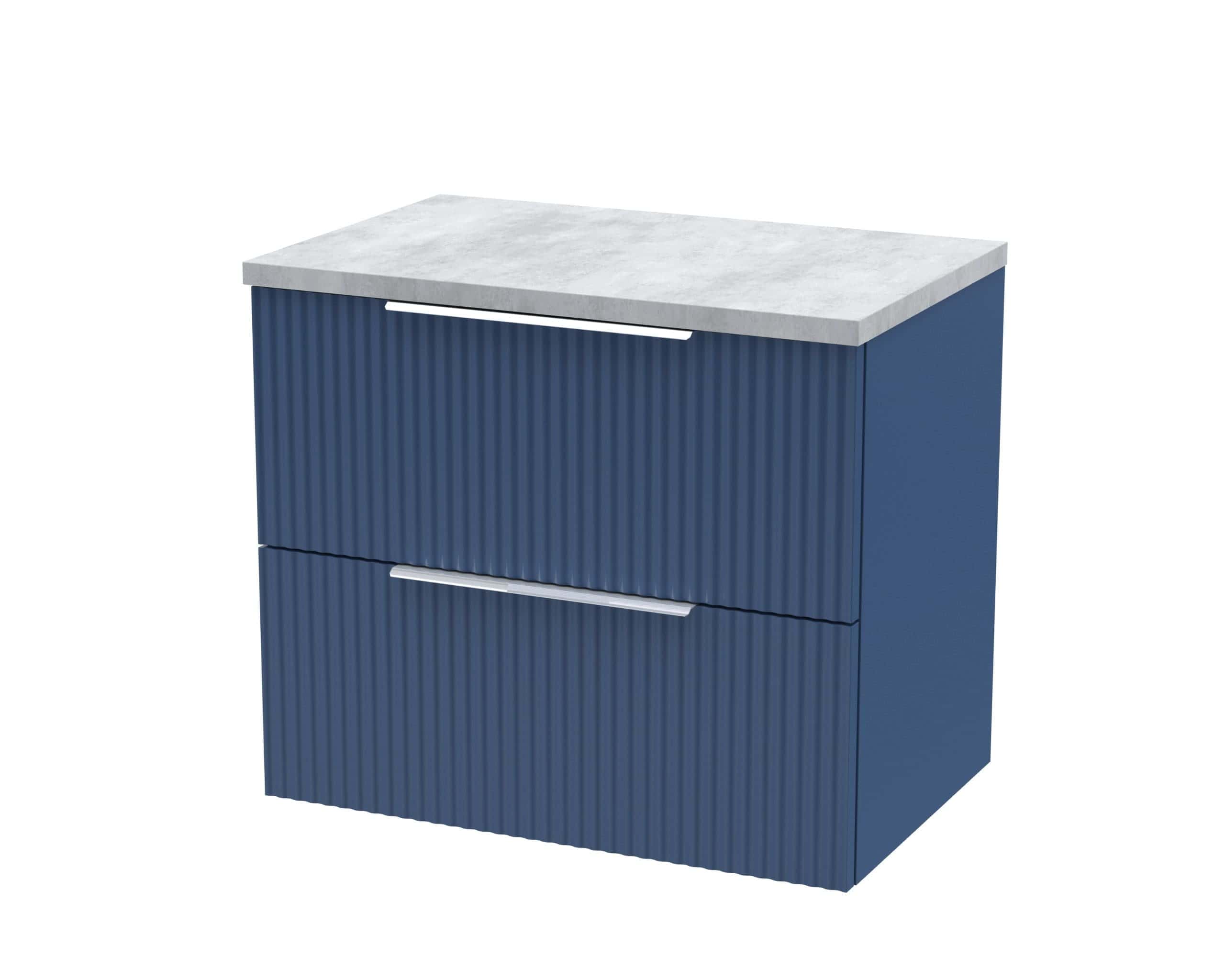 Sleek navy blue bathroom vanity with ribbed finish, marble countertop, modern handles, perfect for contemporary bathroom design at Bubly Bathrooms.