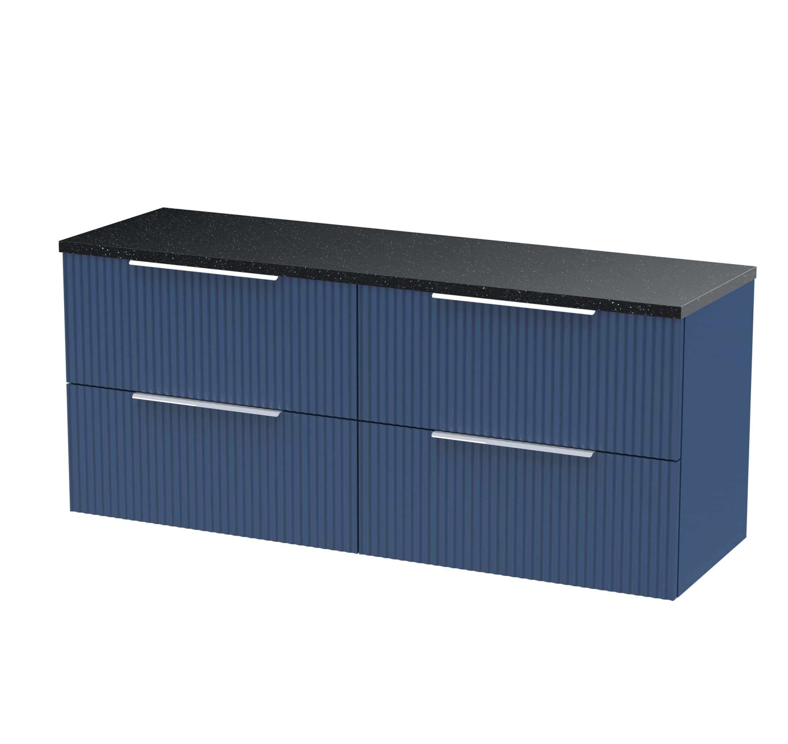 Sleek blue bathroom vanity with ribbed drawer fronts and a black speckled countertop, ideal for modern bathroom storage and design.