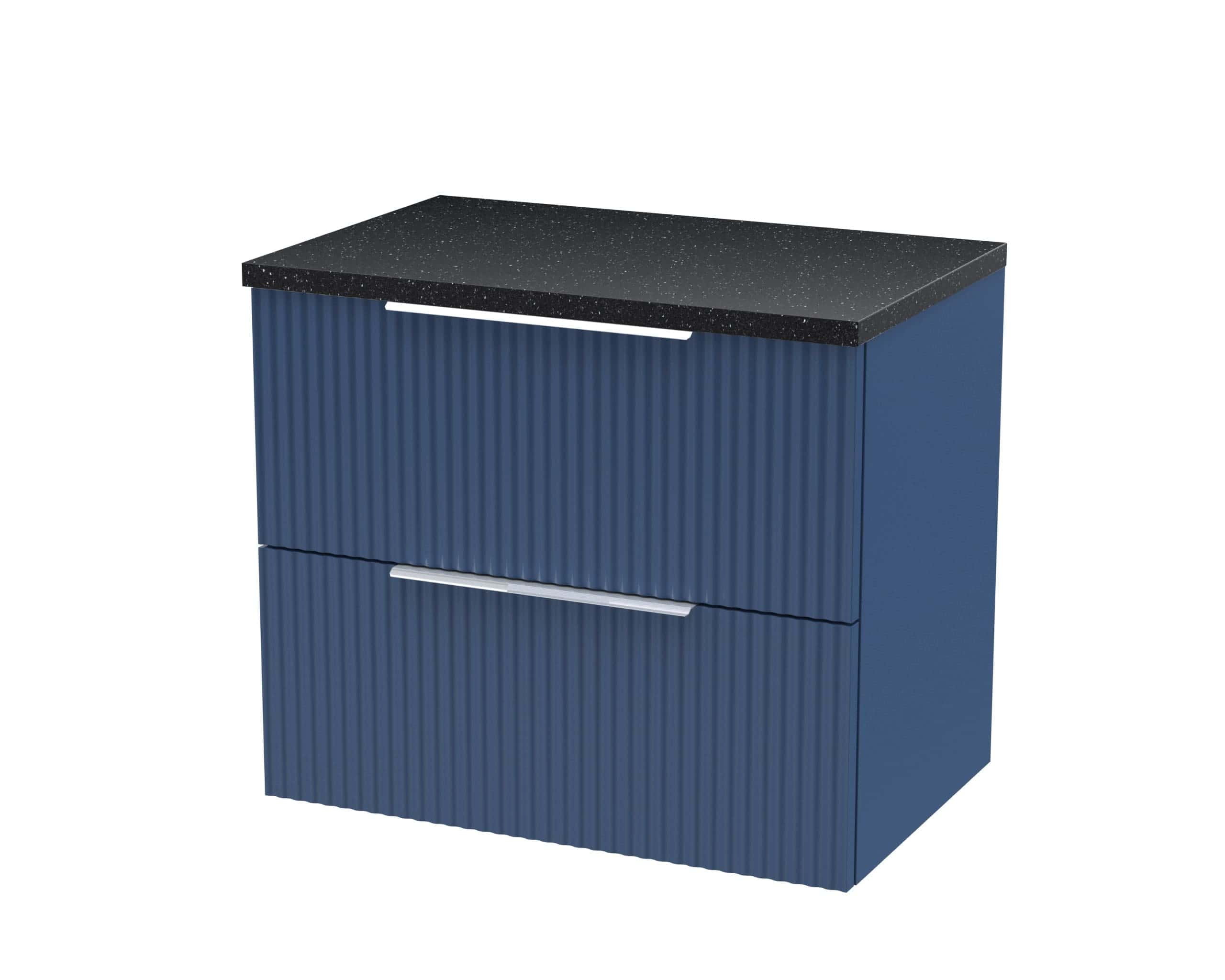 Contemporary blue bathroom vanity with ribbed door panels and a sleek black countertop, perfect for modern bathroom decor.