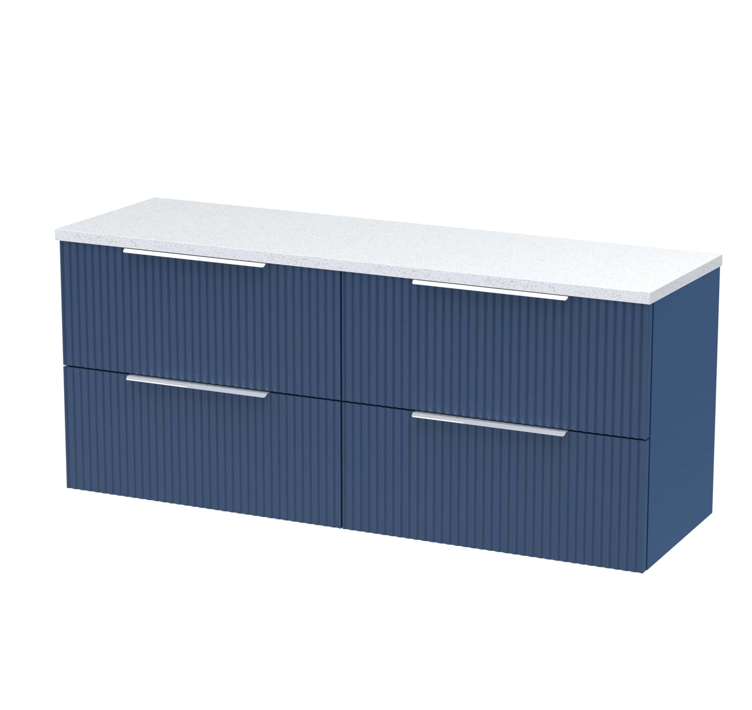 Sleek navy blue bathroom vanity unit with ribbed cabinet doors and a white countertop, perfect for modern bathroom storage solutions.