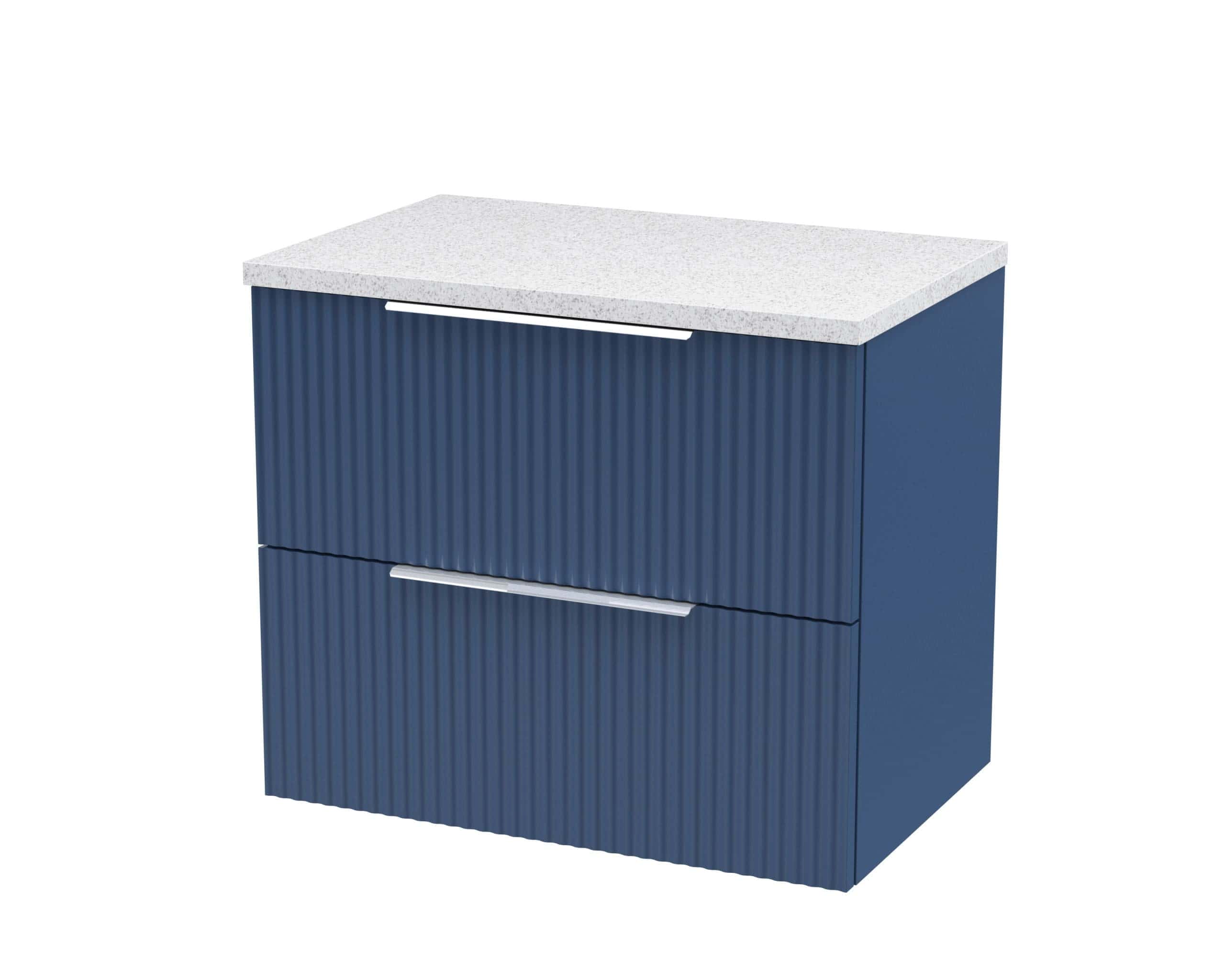 Modern blue bathroom cabinet with a white speckled countertop, featuring sleek silver handles, perfect for storage and enhancing contemporary bathroom design.