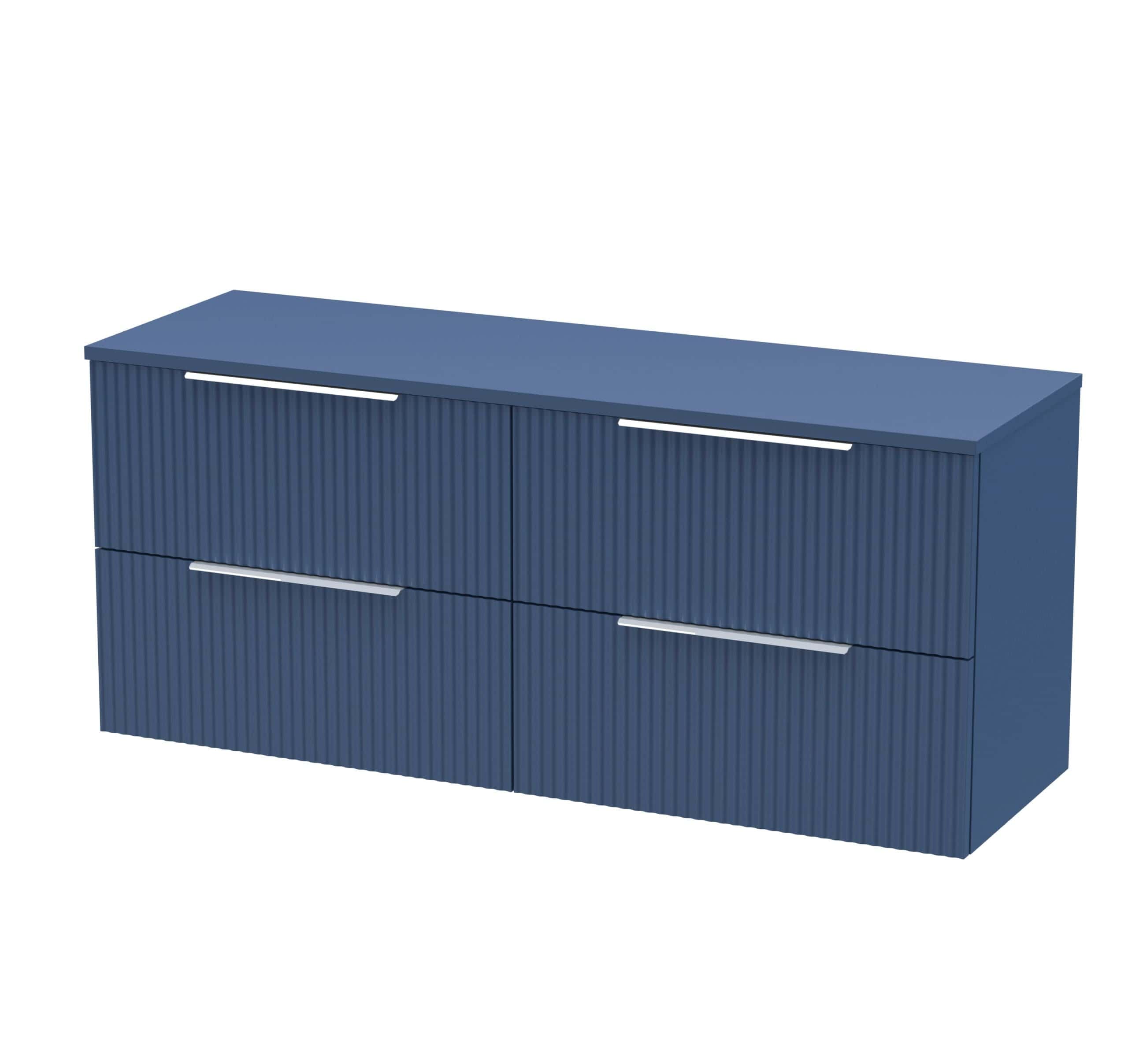 Contemporary blue bathroom storage cabinet with ribbed textured doors and sleek silver handles, ideal for modern bathroom decor and organisation.