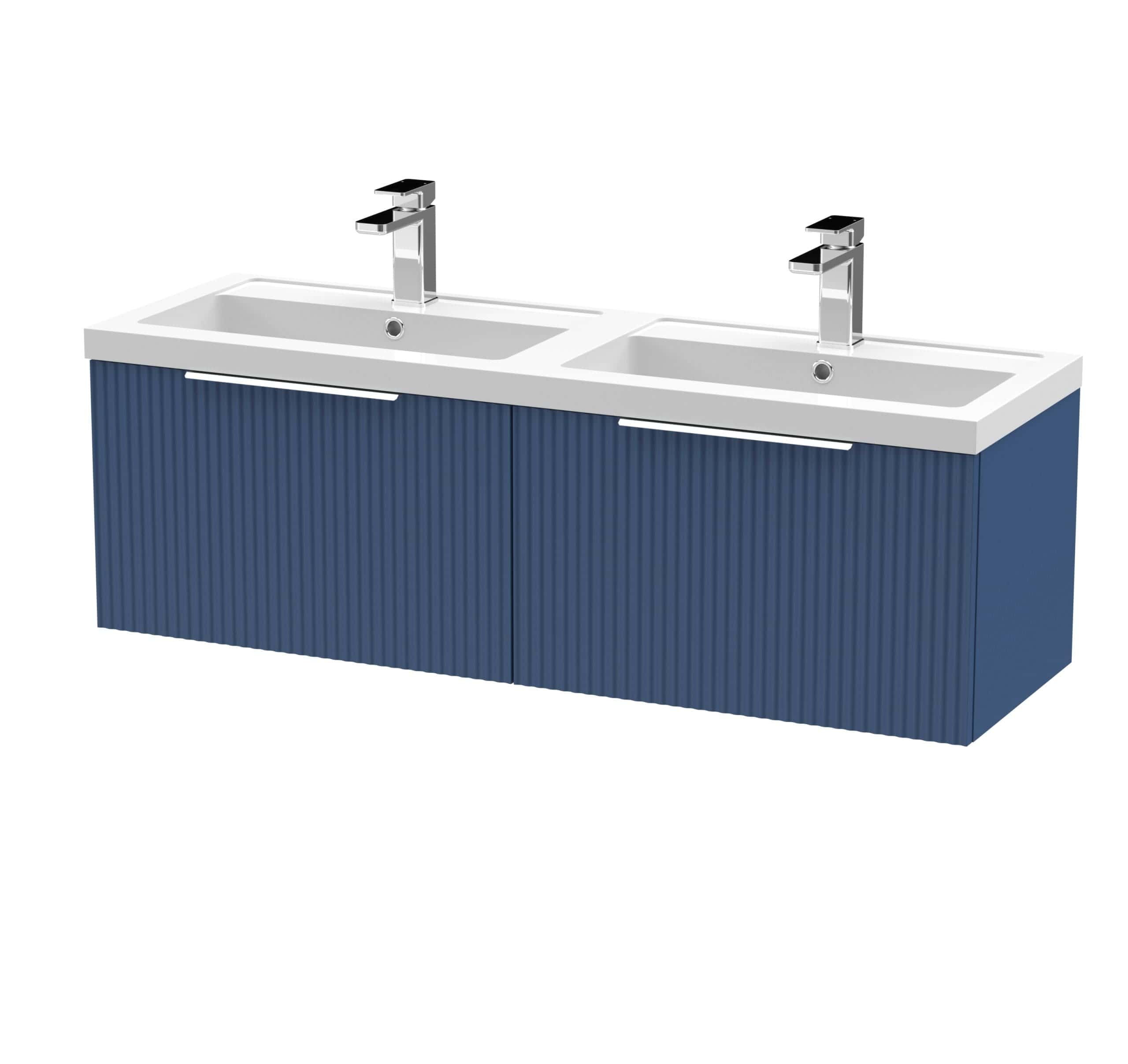 Modern double bathroom vanity with blue textured cabinet and white countertop, featuring sleek chrome faucets, ideal for contemporary bathroom designs.