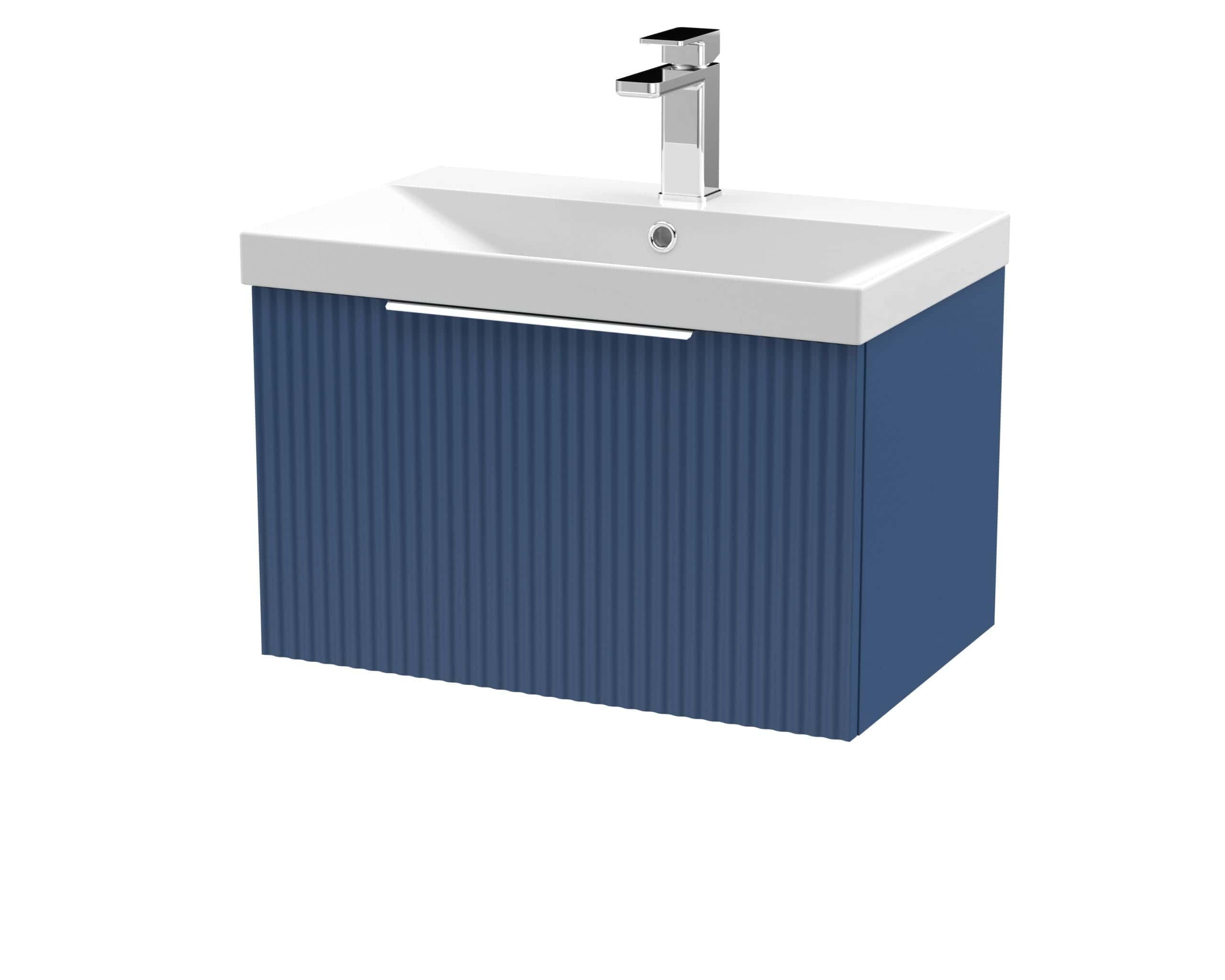 Modern bathroom vanity with a blue ribbed cabinet and integrated white sink, featuring a sleek chrome faucet suitable for contemporary bathroom refurbishments.