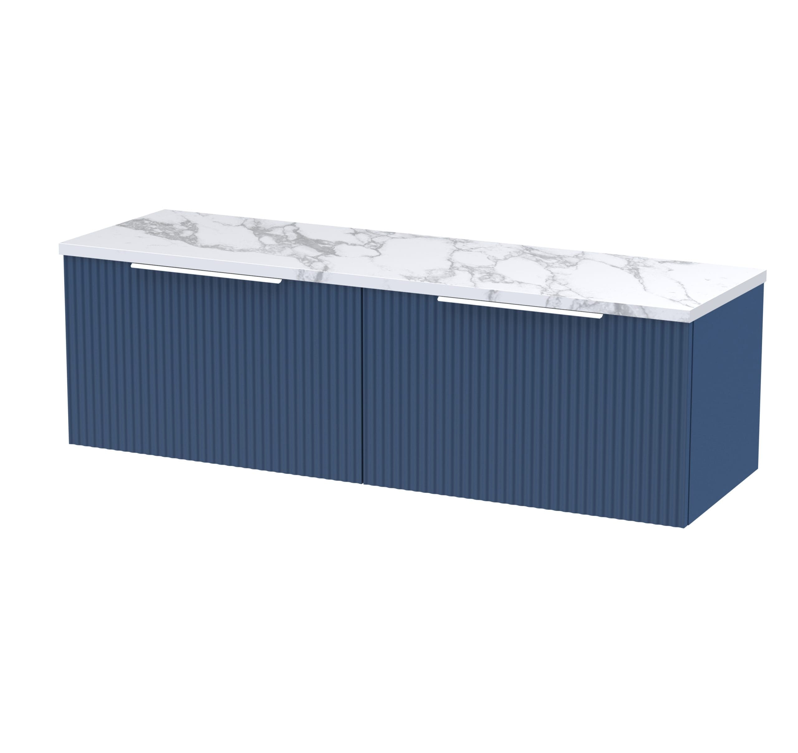 Sleek blue bathroom cabinet with a marble-effect top, ideal for modern bathroom storage and aesthetics.