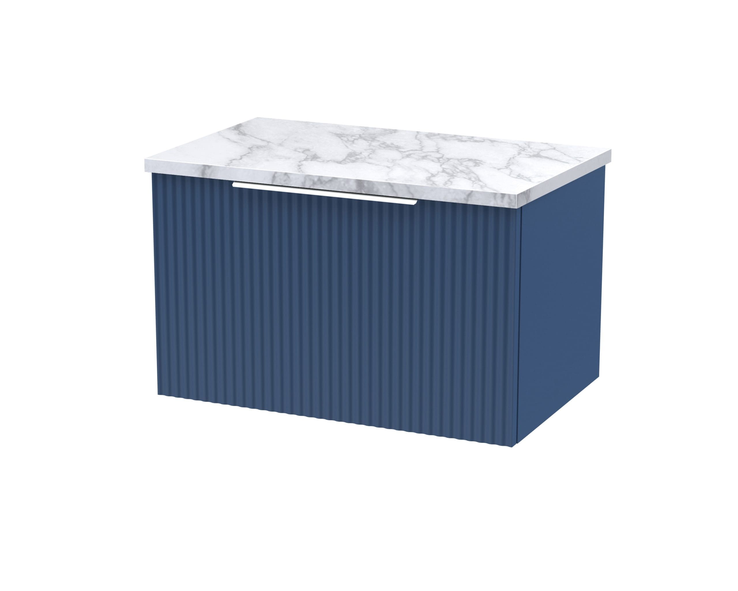 Contemporary bathroom vanity with dark blue ribbed cabinetry and white marble top, ideal for modern bathroom interiors, offering stylish storage solutions.