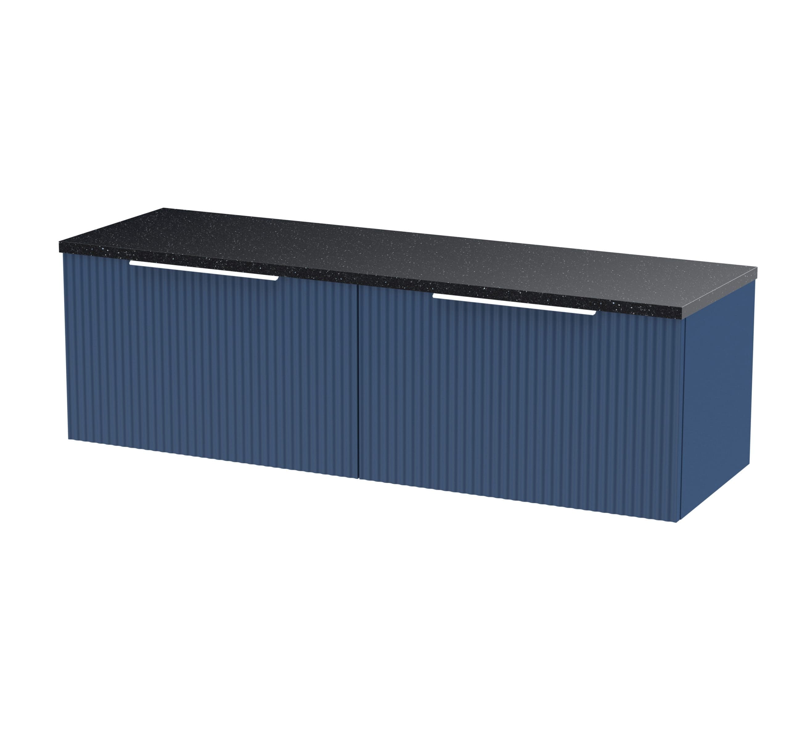 Modern blue bathroom vanity unit with black speckled quartz countertop, sleek handleless doors, ideal for contemporary bathroom designs.