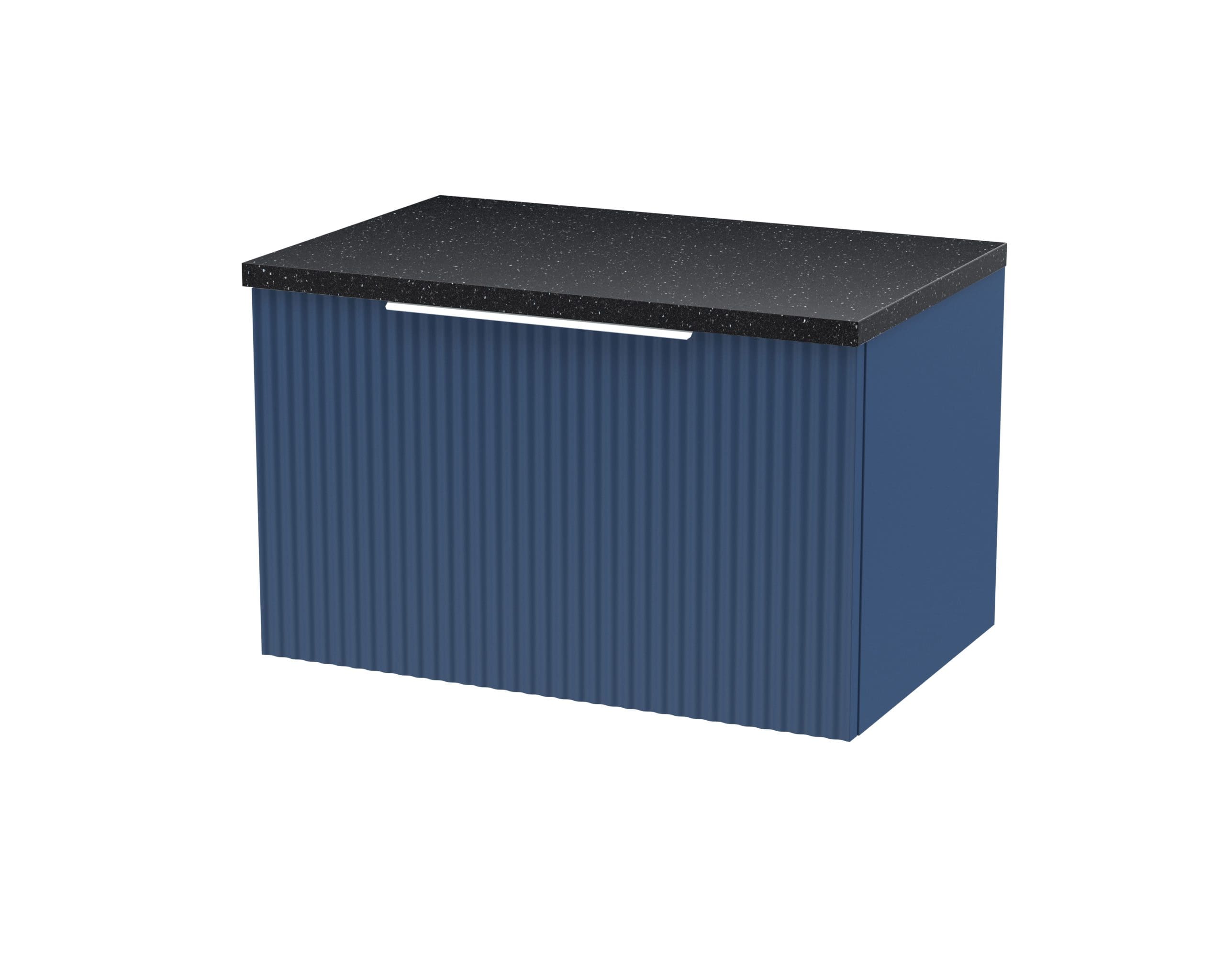Modern blue bathroom vanity with ribbed cabinet doors and a black speckled quartz countertop, ideal for contemporary bath renovation.