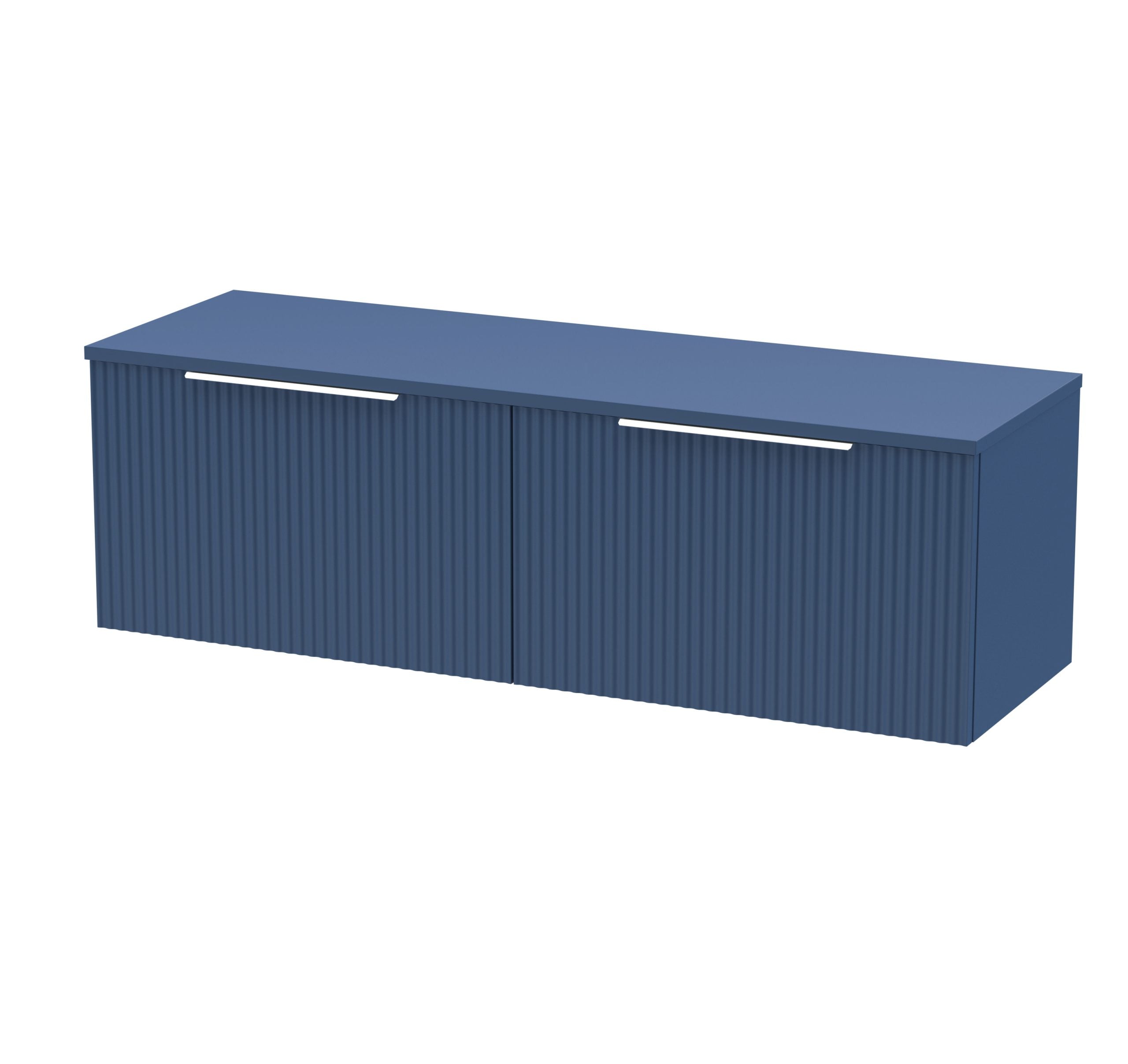 Contemporary blue bathroom storage cabinet with ribbed doors for sleek bathroom organisation.
