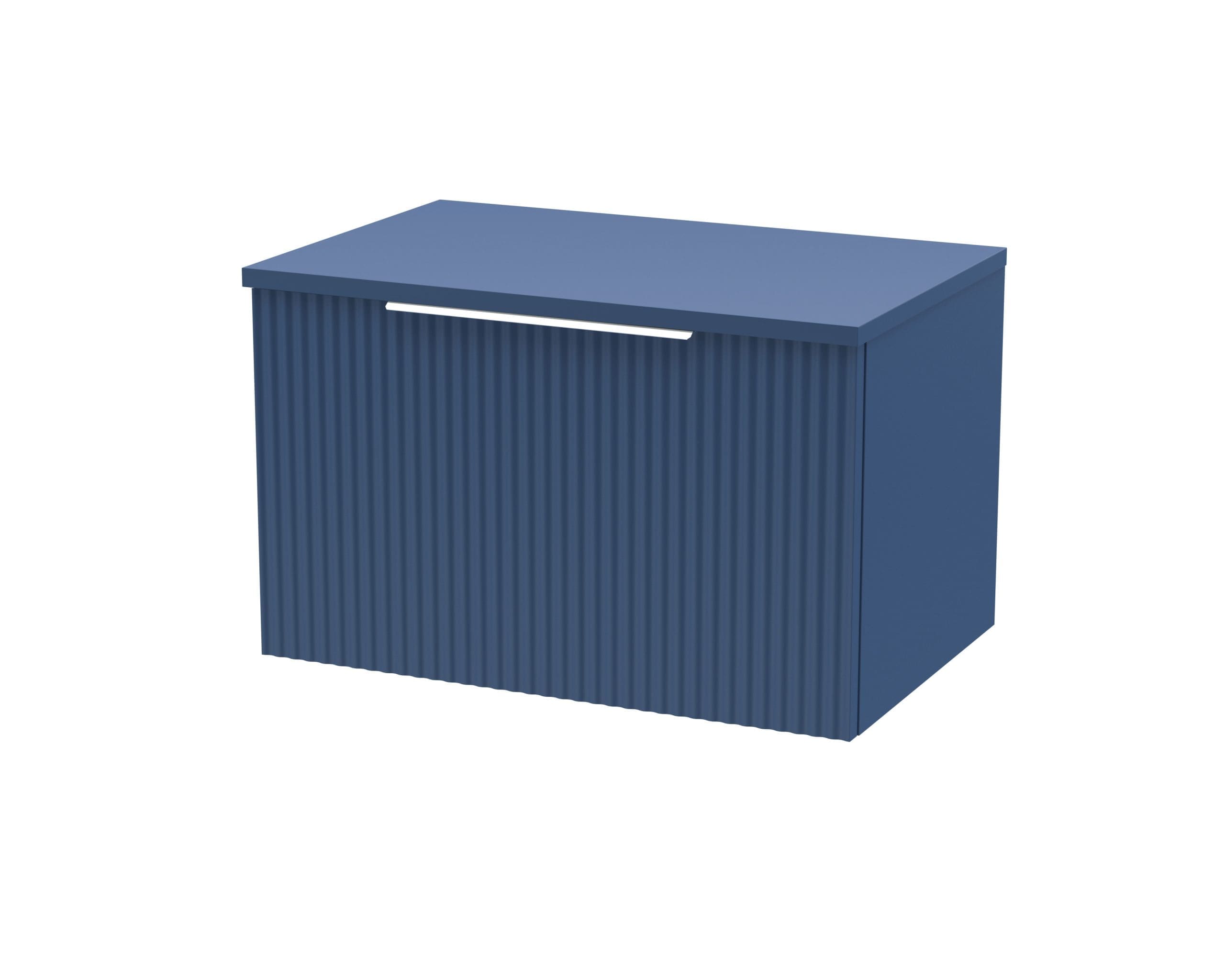 Contemporary blue bathroom vanity with ribbed cabinet doors and sleek handle, ideal for modern bathroom storage solutions.