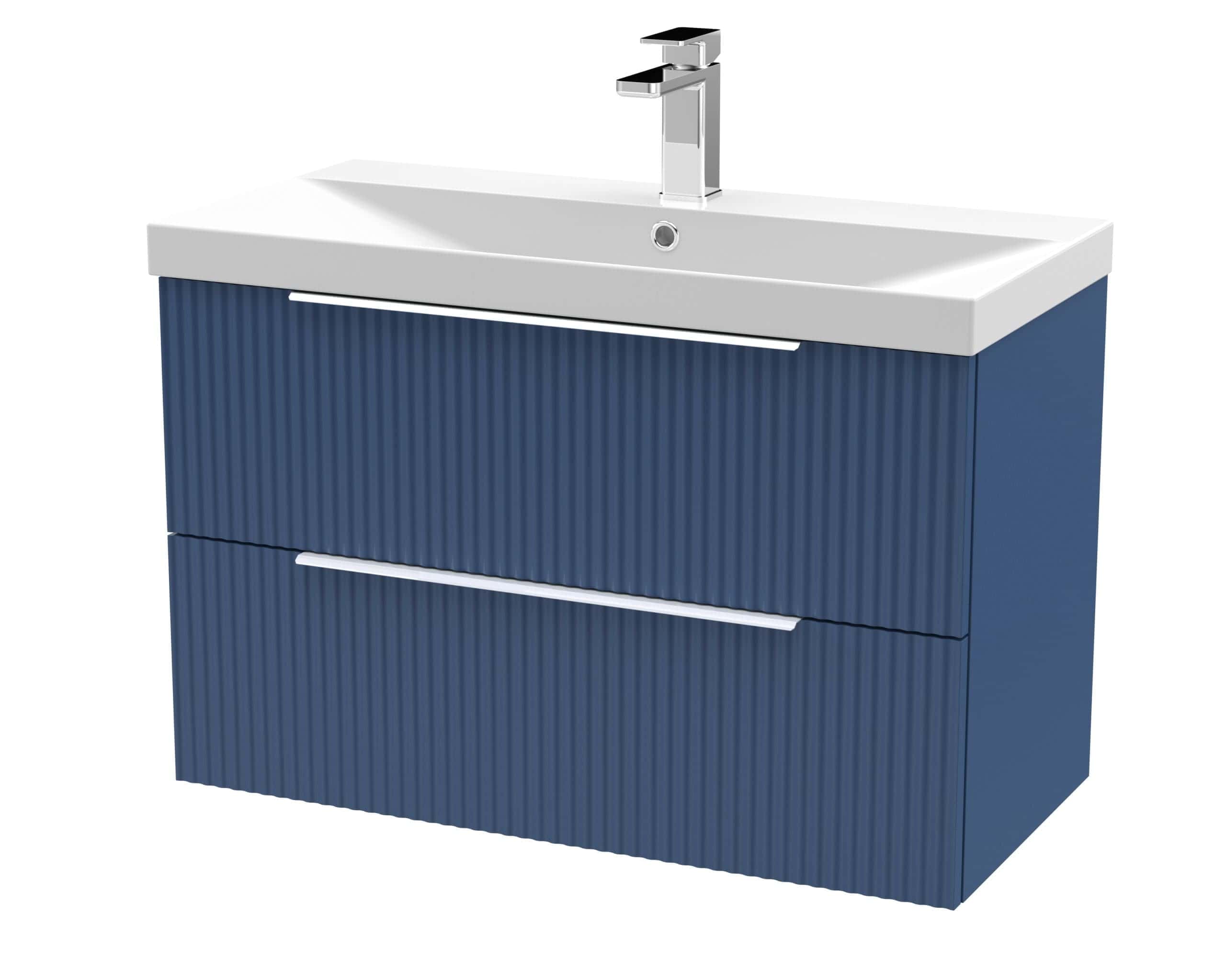Blue modern bathroom vanity with integrated sink and chrome faucet for stylish bathroom storage and design.