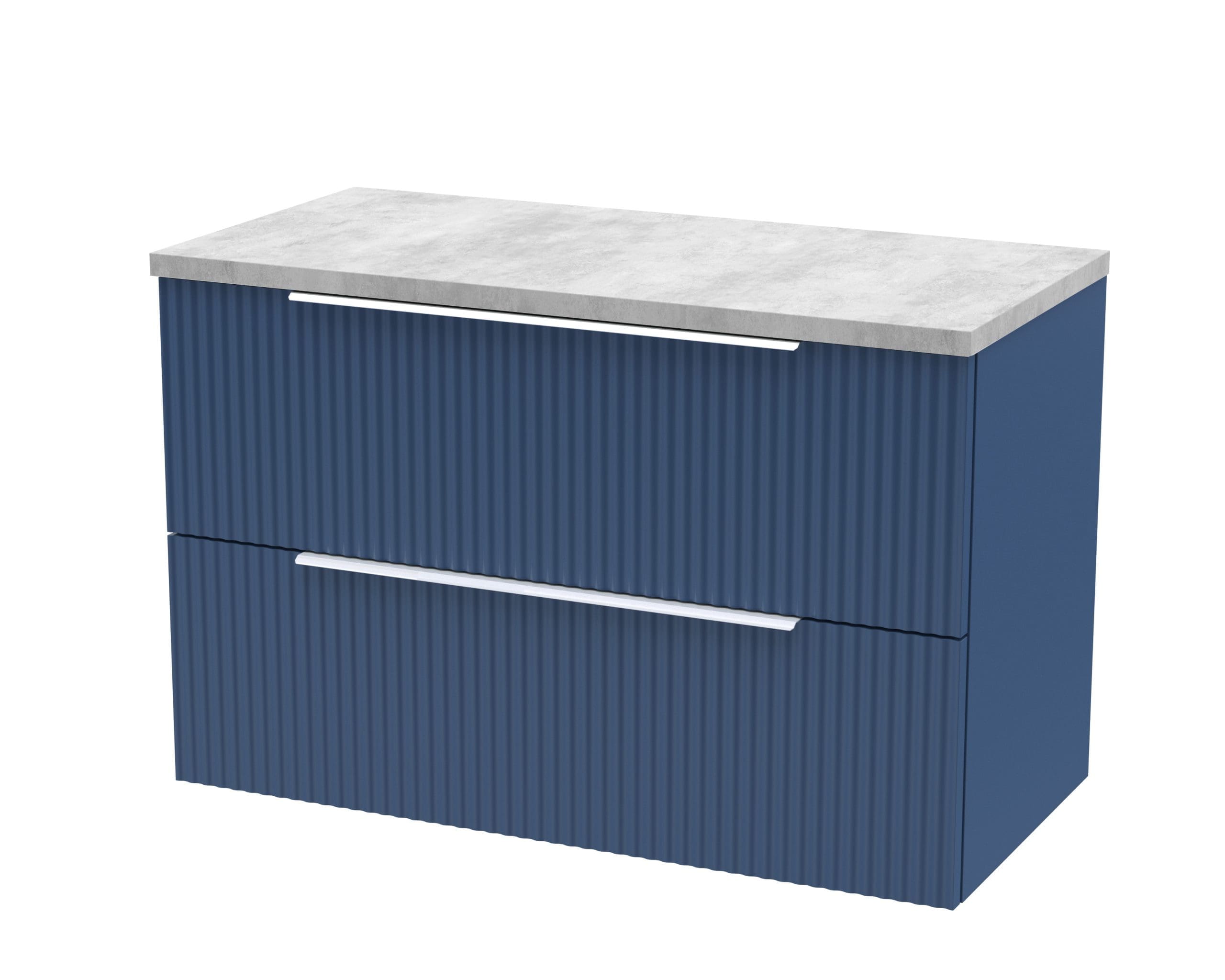 Blue modern bathroom vanity with ribbed drawer fronts and a marble countertop, ideal for contemporary bathroom designs. Perfect storage solution for stylish and functional bathroom spaces.