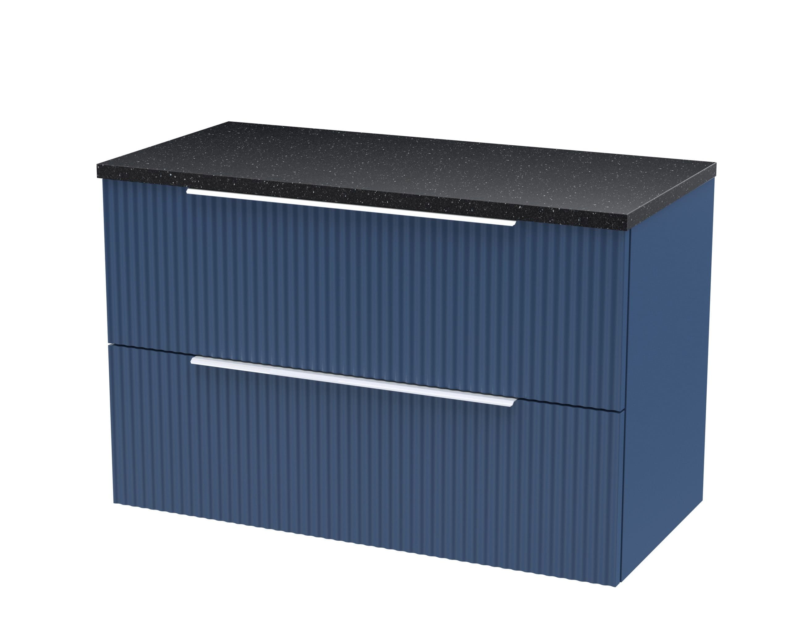 Stylish blue bathroom vanity unit with a black speckled granite top, modern design, and sleek white handles for a contemporary bathroom aesthetic.
