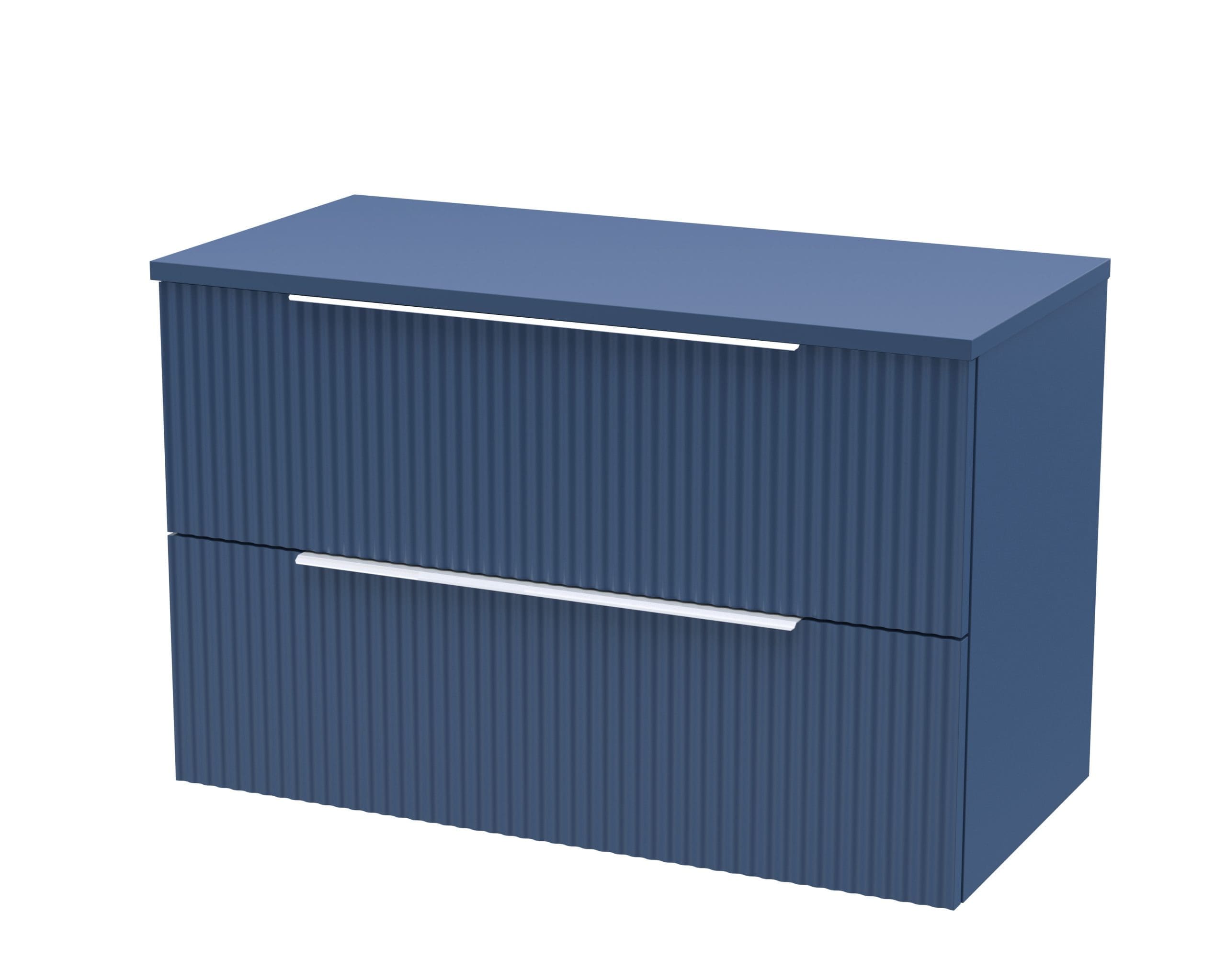Modern blue bathroom vanity unit with ribbed texture and sleek white handles, ideal for contemporary bathroom storage solutions.