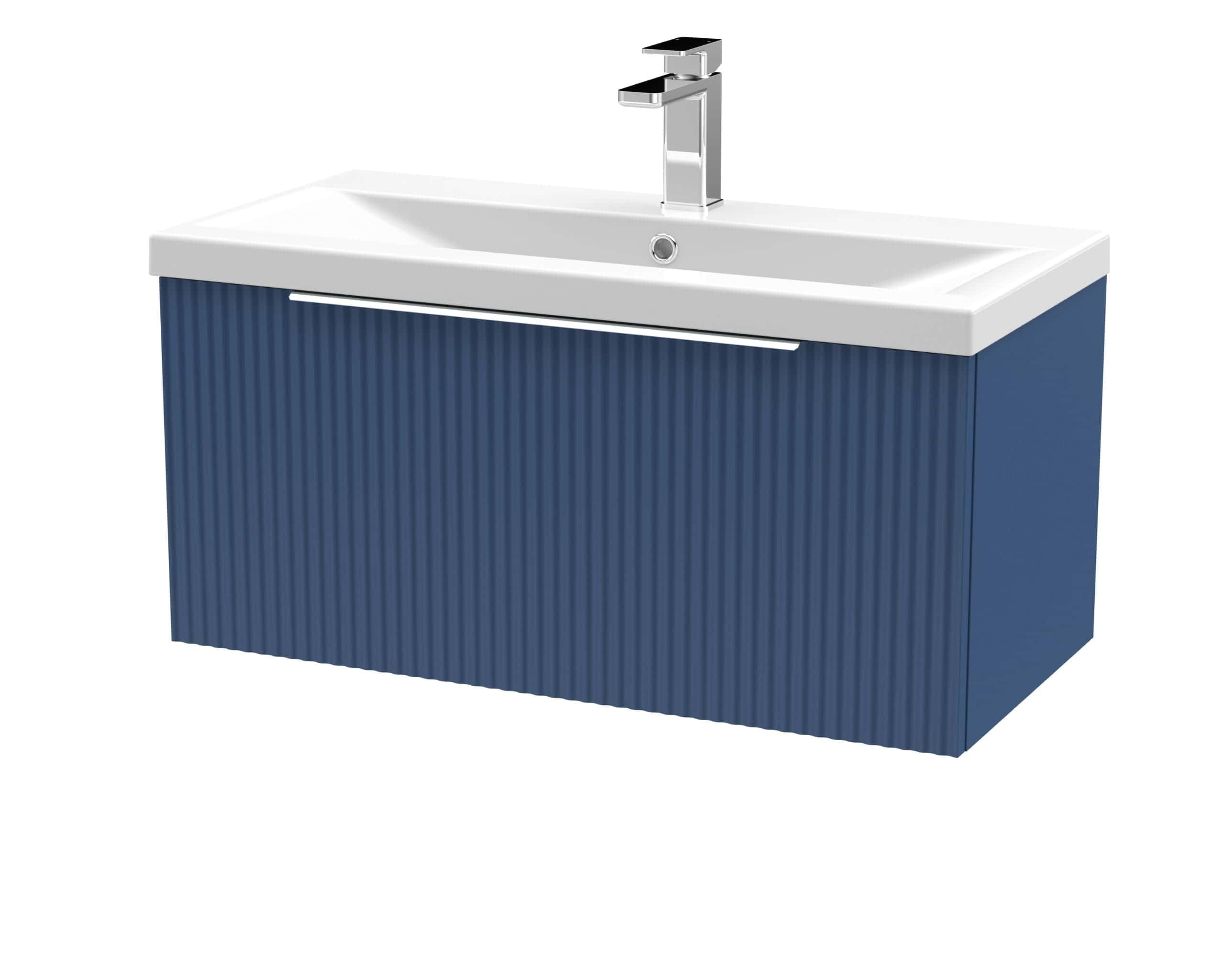 Sleek modern bathroom vanity with integrated sink and stylish blue textured cabinet – perfect for contemporary bathroom renovations.