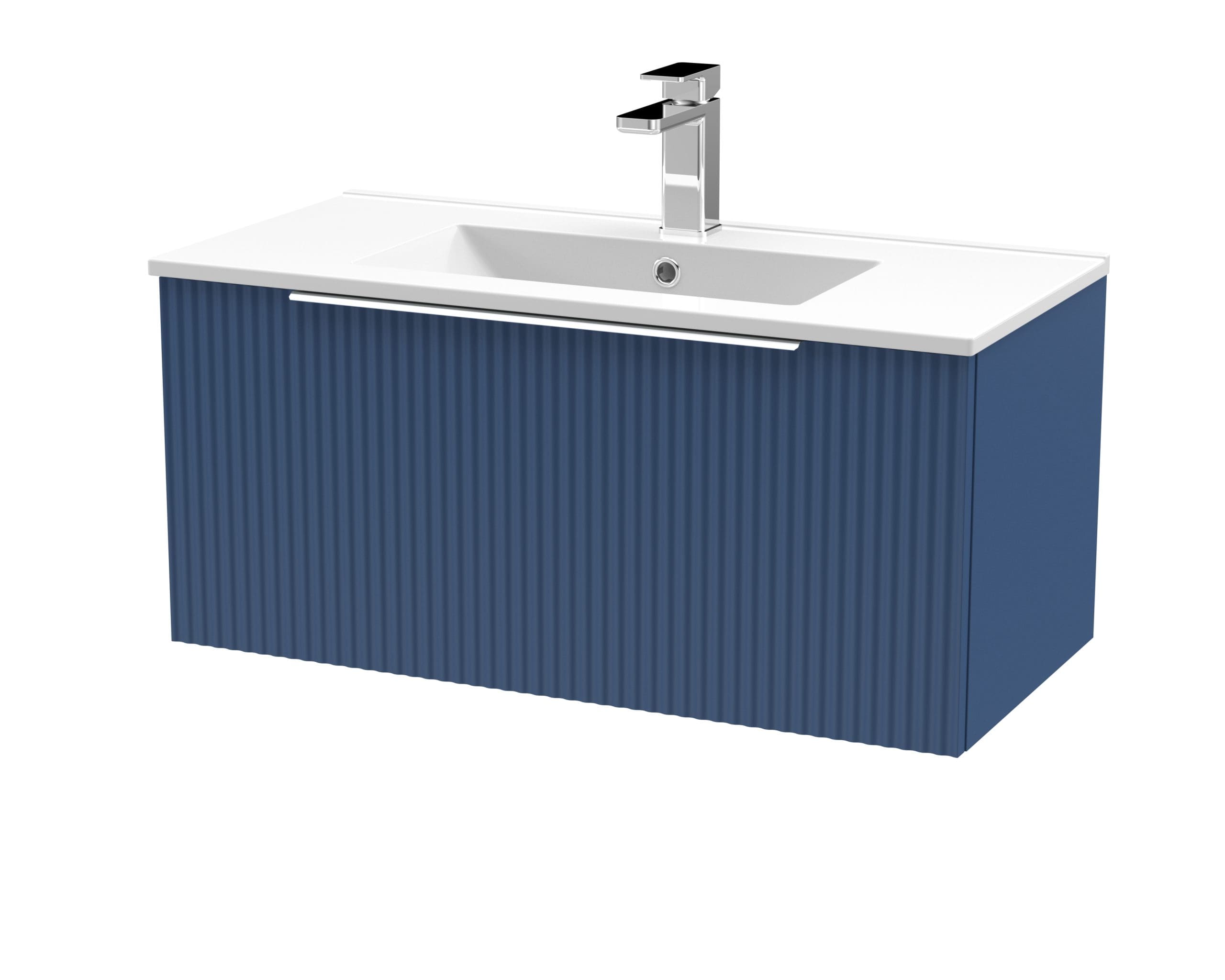 Modern blue bathroom vanity unit with integrated sink and chrome faucet, ideal for stylish and functional bathroom upgrades.