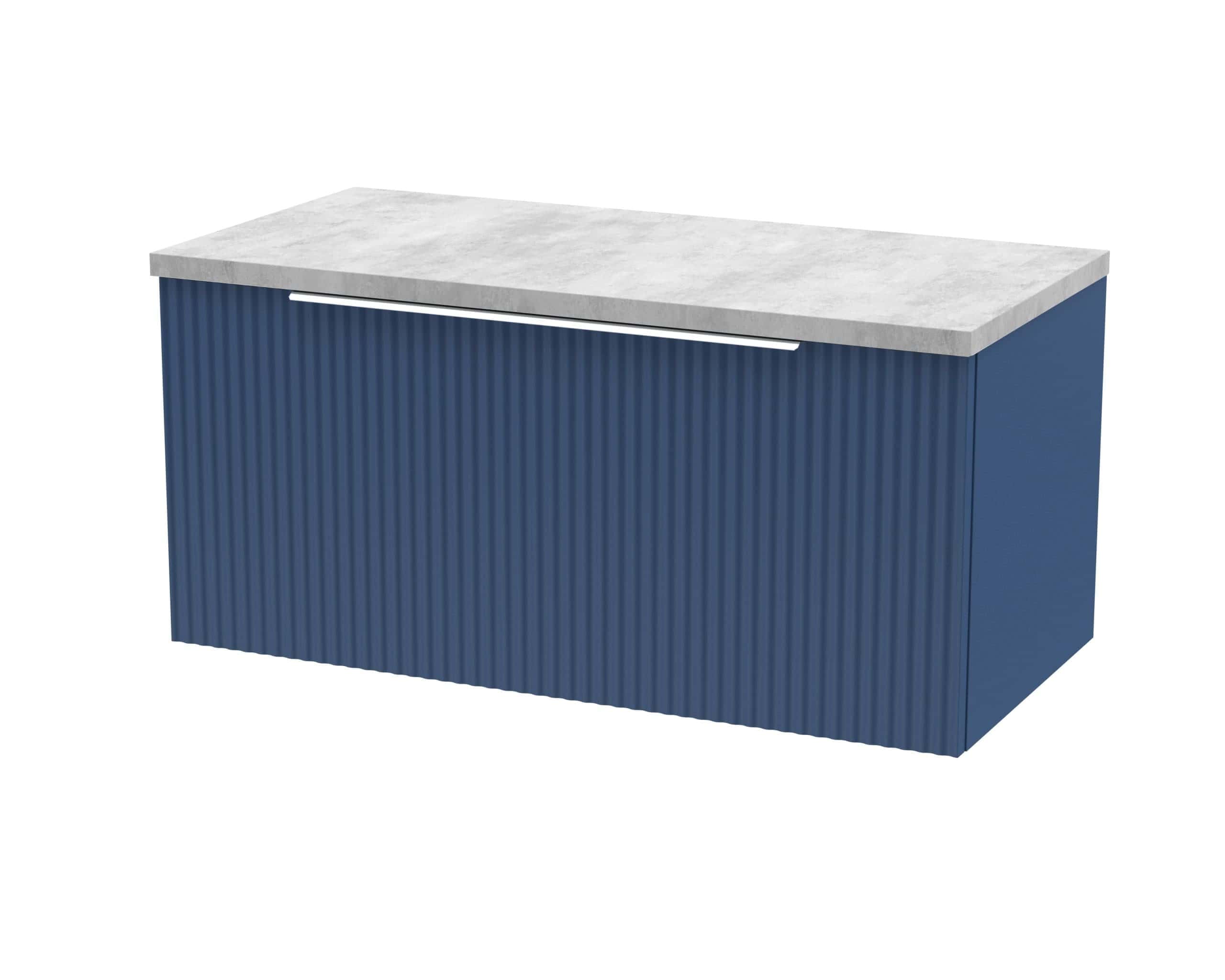 Modern blue bathroom vanity with a textured front and marble countertop, ideal for contemporary bathroom designs. Perfect for storage and style.