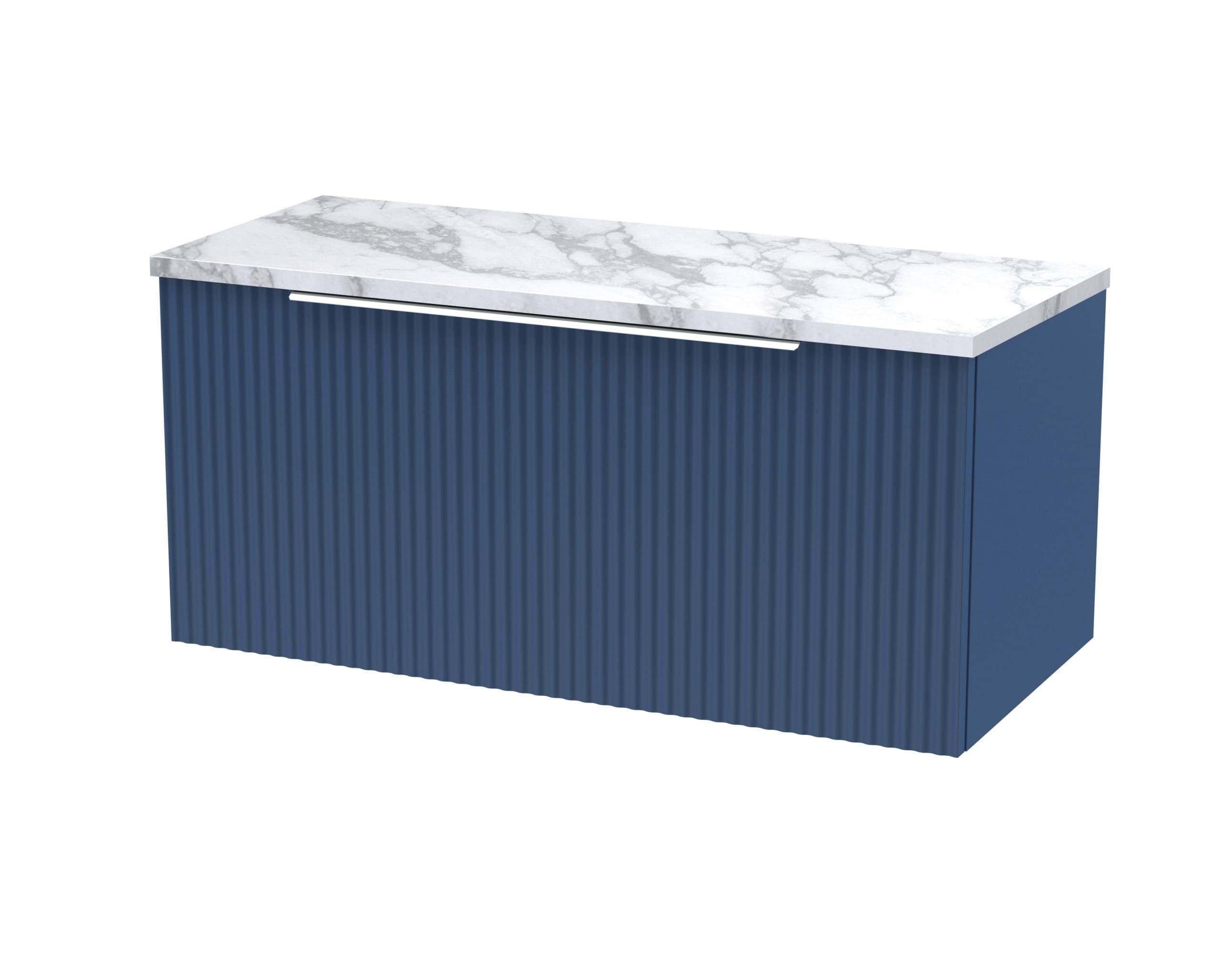 Modern blue bathroom vanity with a marble countertop, ideal for contemporary bathroom design. Featuring sleek, textured blue paneling and durable marble surface, perfect for stylish bathroom storage solutions.