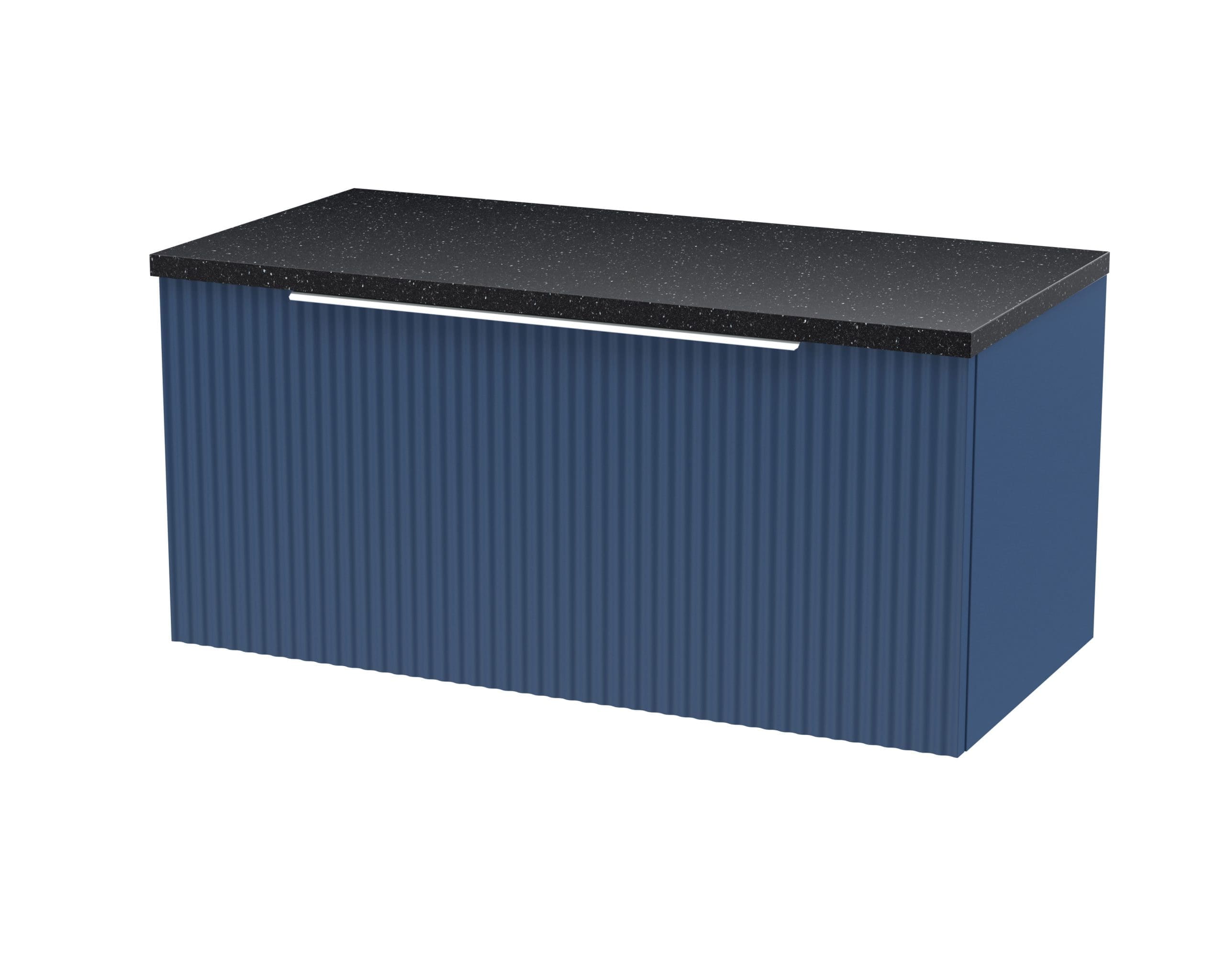 Sleek blue bathroom vanity with black granite countertop and modern ribbed design, ideal for contemporary bathrooms, offering stylish storage solutions.