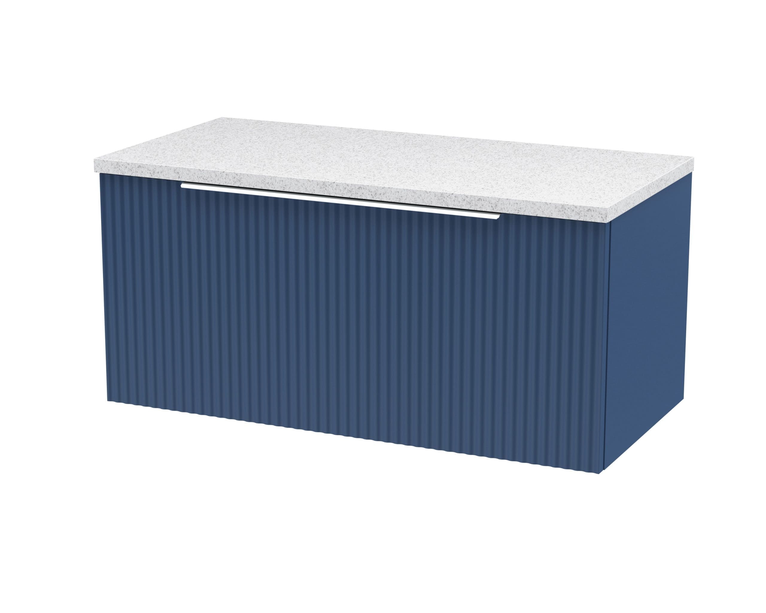 Contemporary bathroom vanity unit with a blue textured front and a white speckled stone countertop, ideal for modern bathroom design.