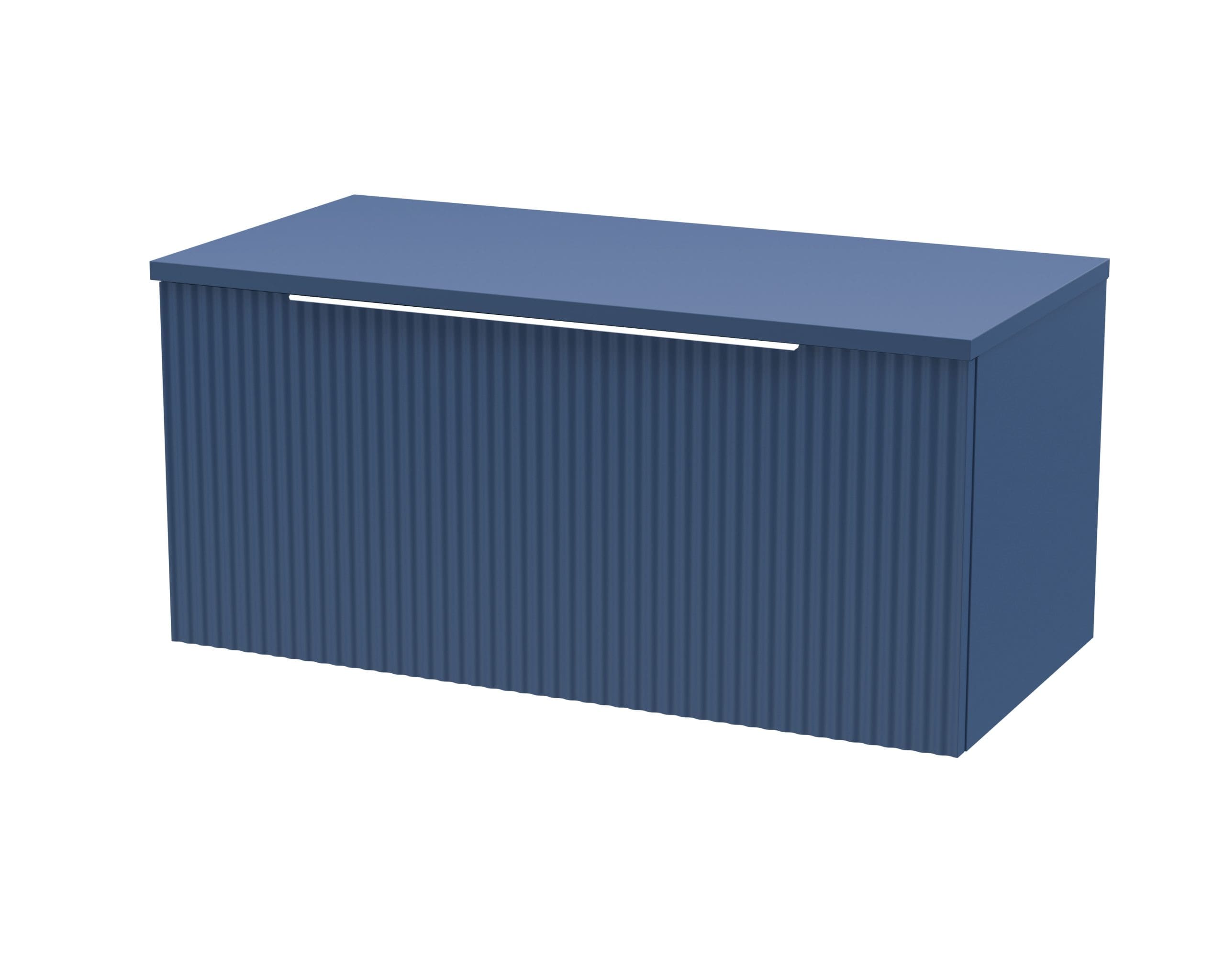 Blue bathroom cabinet with vertical ridges for stylish storage by Bubly Bathrooms.