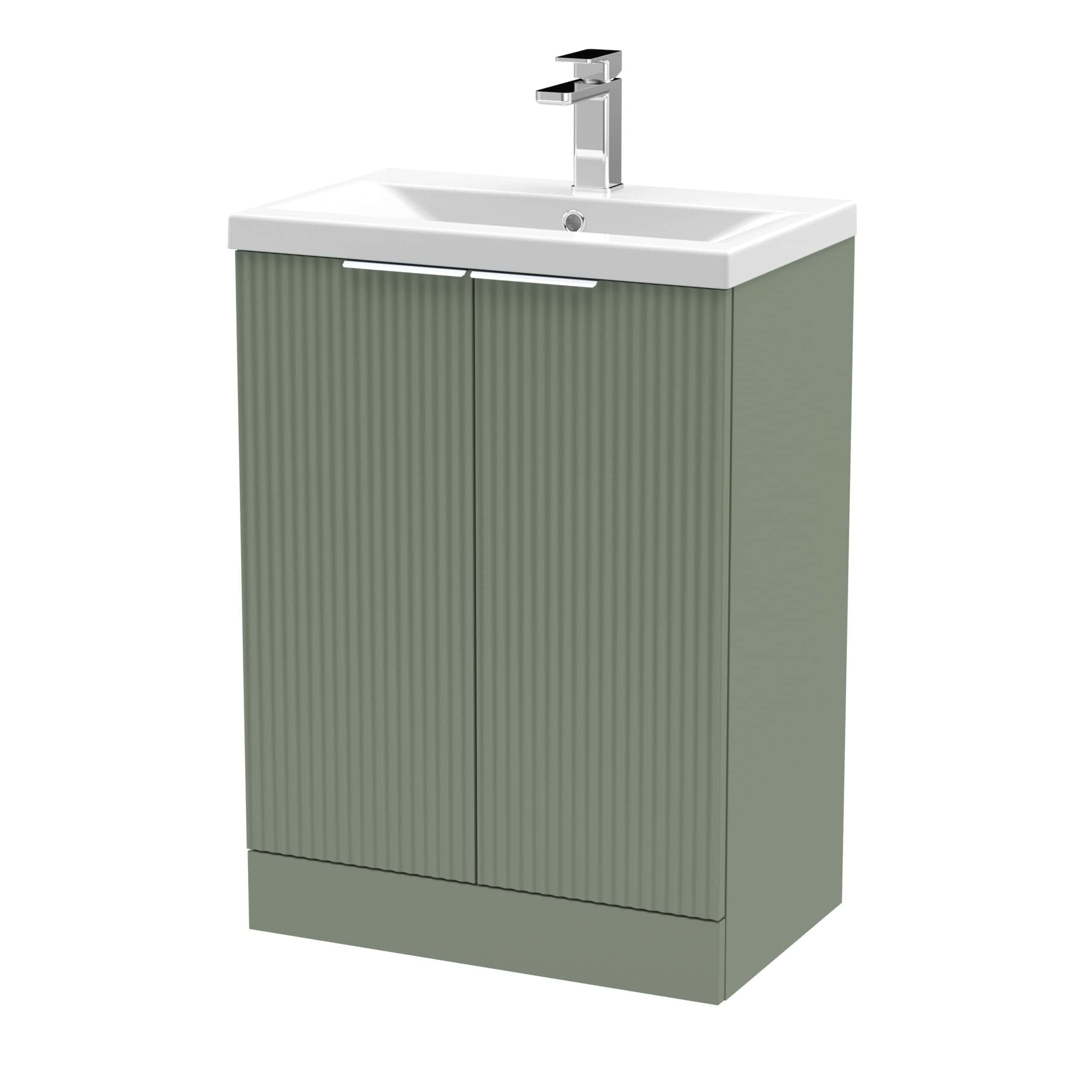 Modern green bathroom vanity cabinet with integrated sink and chrome faucet. Perfect for bathroom storage and style.
