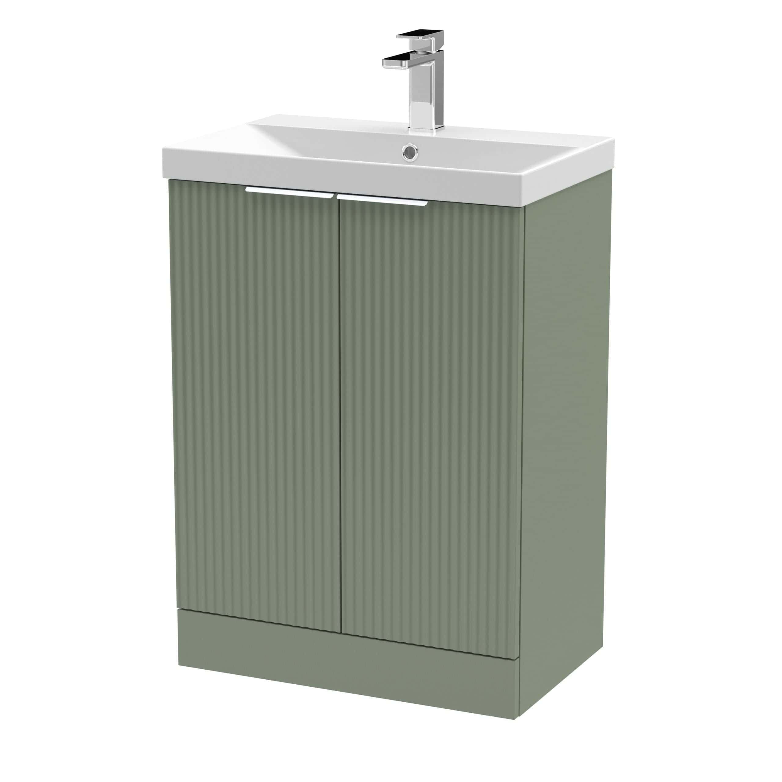 Compact bathroom vanity unit with integrated sink and modern chrome tap, perfect for contemporary bathroom decor. Durable cabinet with textured finish for stylish storage and easy maintenance.