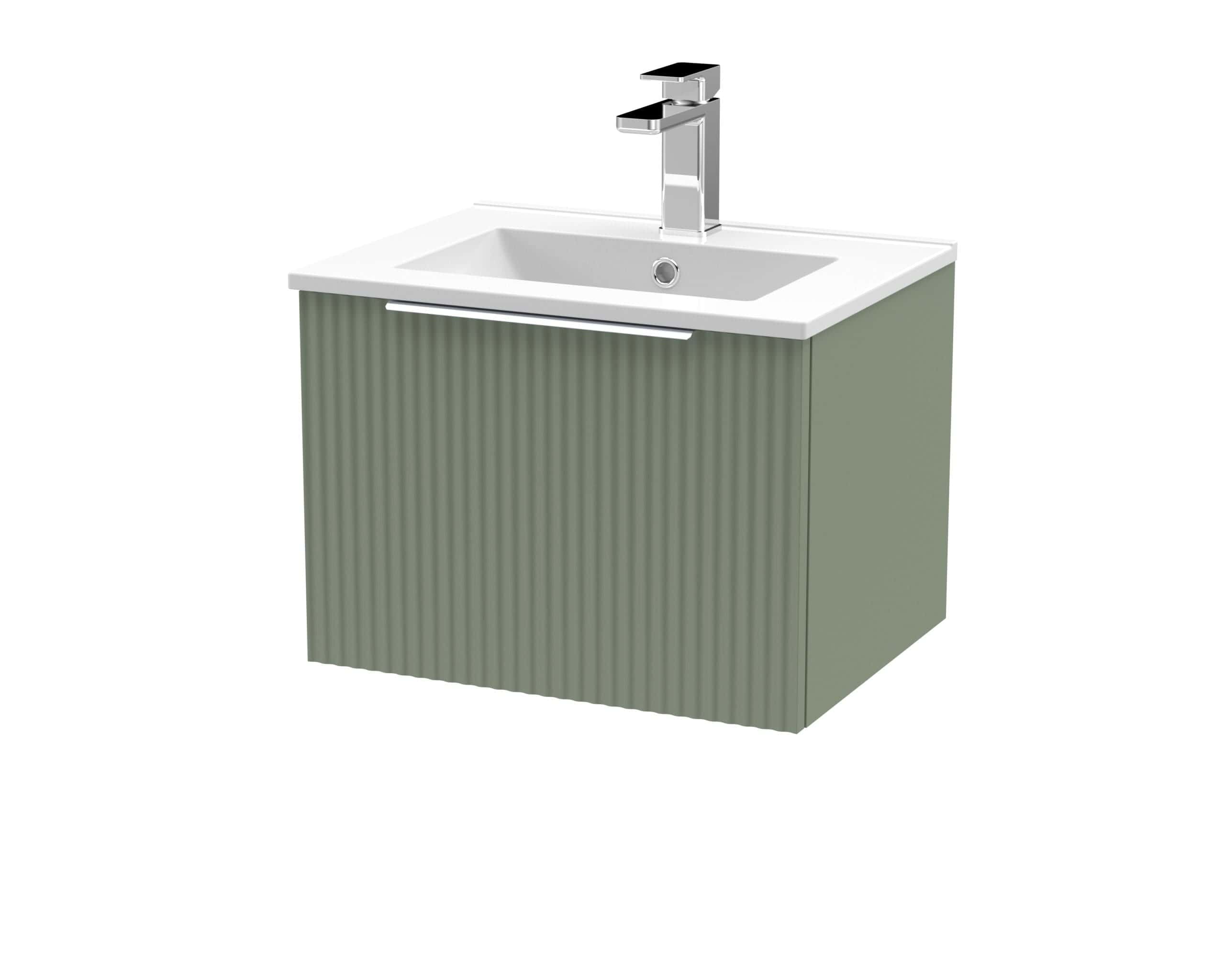 Modern bathroom vanity with green textured cabinetry and a sleek white ceramic sink with chrome faucet. Perfect for contemporary bathroom designs and stylish storage solutions.